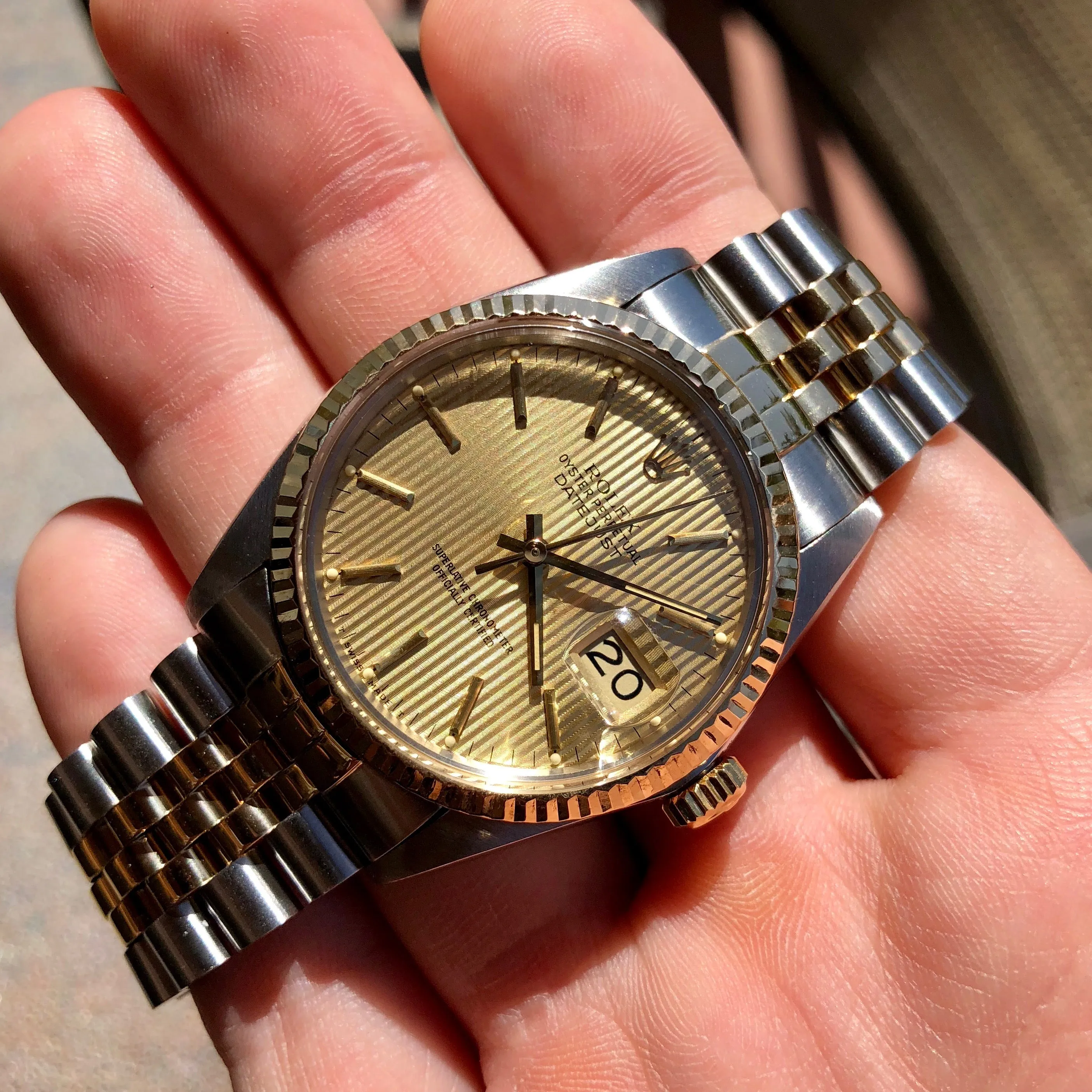 Vintage Rolex Datejust 16013 Champagne Tapestry Cal. 3035 Oyster Perpetual Two Tone Steel Gold Wristwatch Box & Papers Circa 1985