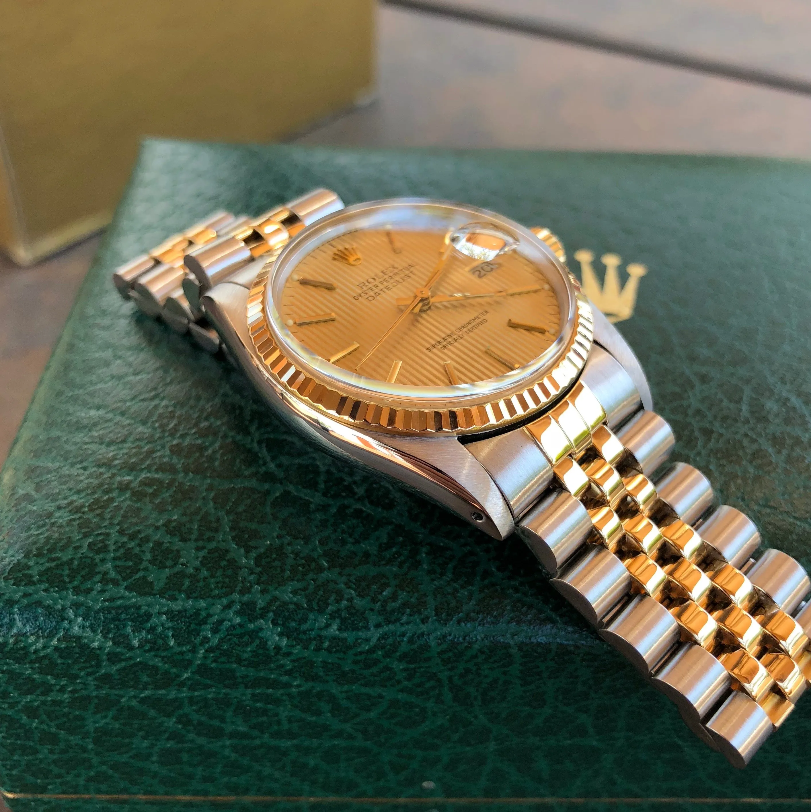 Vintage Rolex Datejust 16013 Champagne Tapestry Cal. 3035 Oyster Perpetual Two Tone Steel Gold Wristwatch Box & Papers Circa 1985