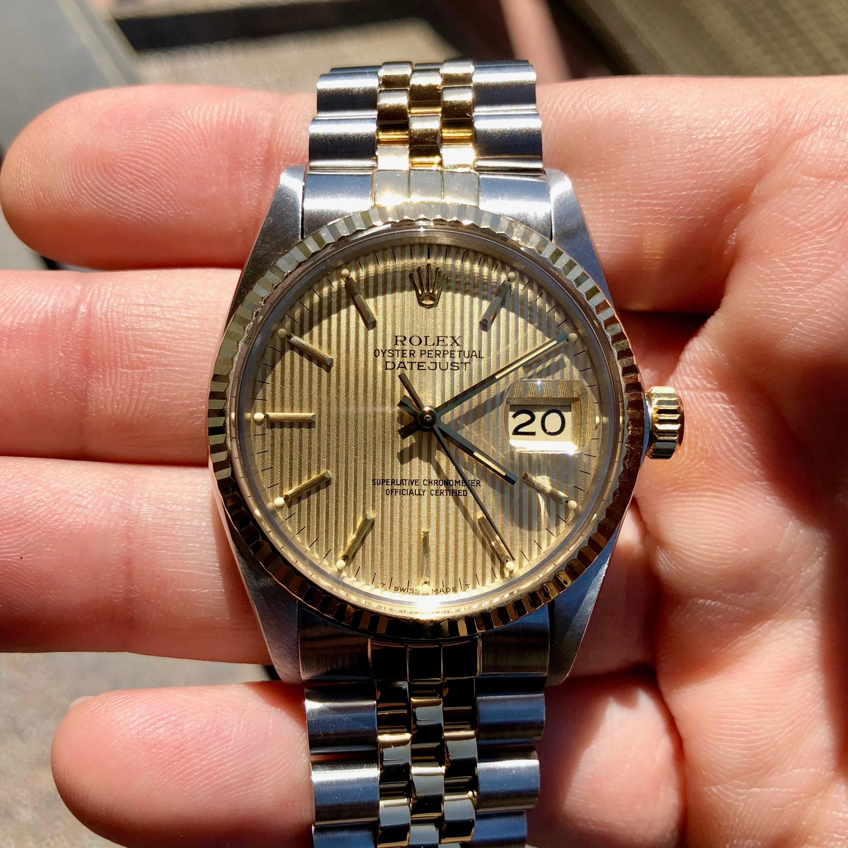 Vintage Rolex Datejust 16013 Champagne Tapestry Cal. 3035 Oyster Perpetual Two Tone Steel Gold Wristwatch Box & Papers Circa 1985