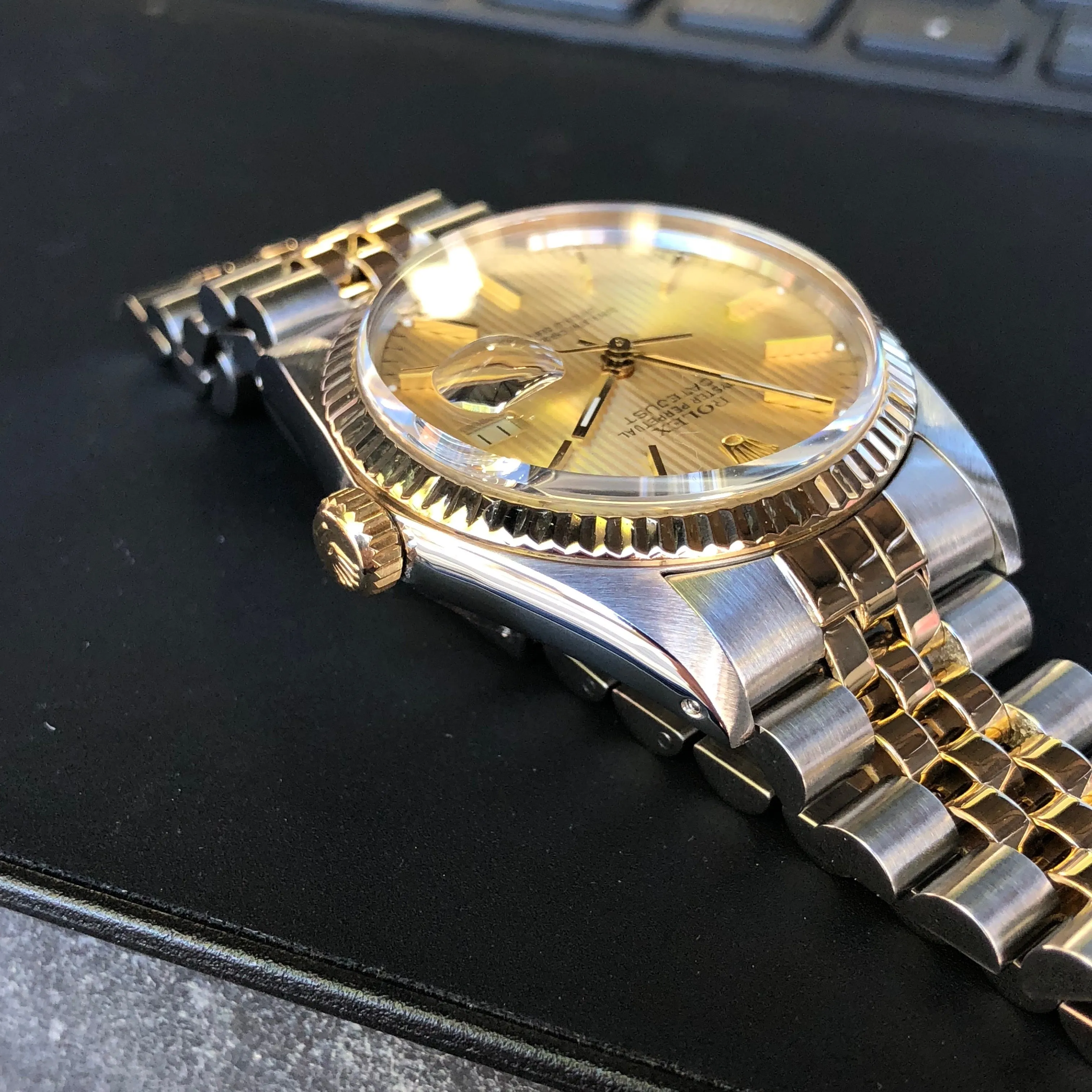 Vintage Rolex Datejust 16013 Champagne Tapestry Cal 3035 Oyster Perpetual Two Tone Steel Gold Wristwatch
