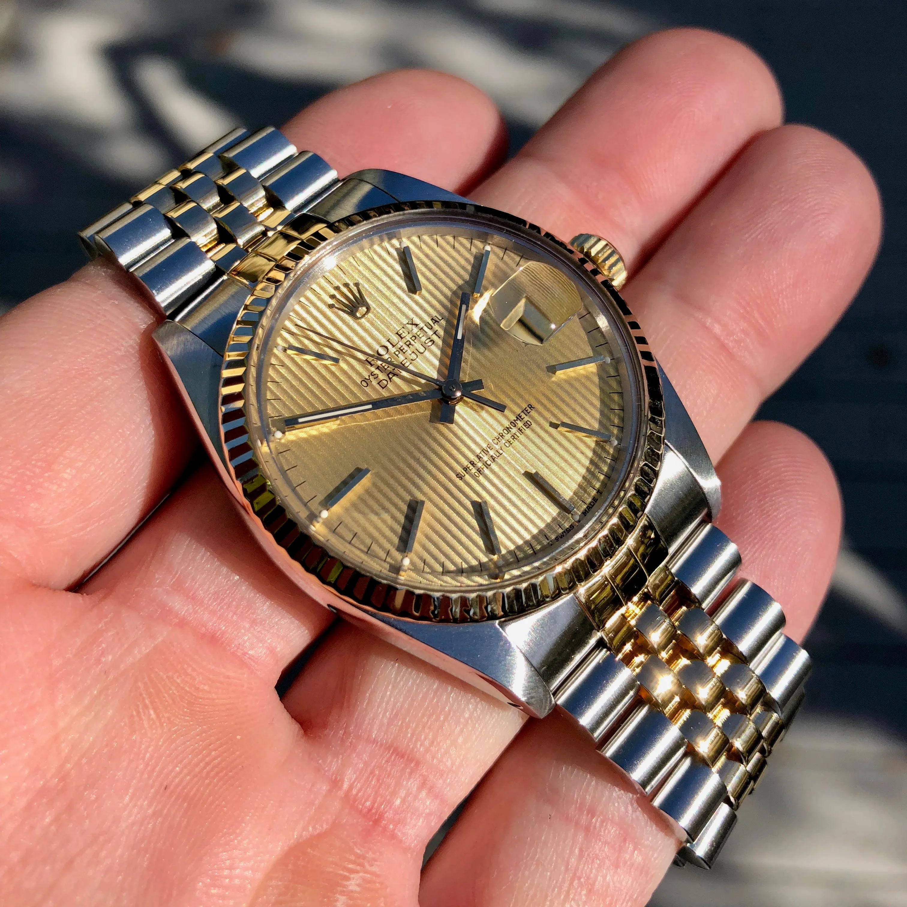 Vintage Rolex Datejust 16013 Champagne Tapestry Cal 3035 Oyster Perpetual Two Tone Steel Gold Wristwatch