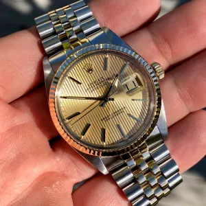 Vintage Rolex Datejust 16013 Champagne Tapestry Cal 3035 Oyster Perpetual Two Tone Steel Gold Wristwatch