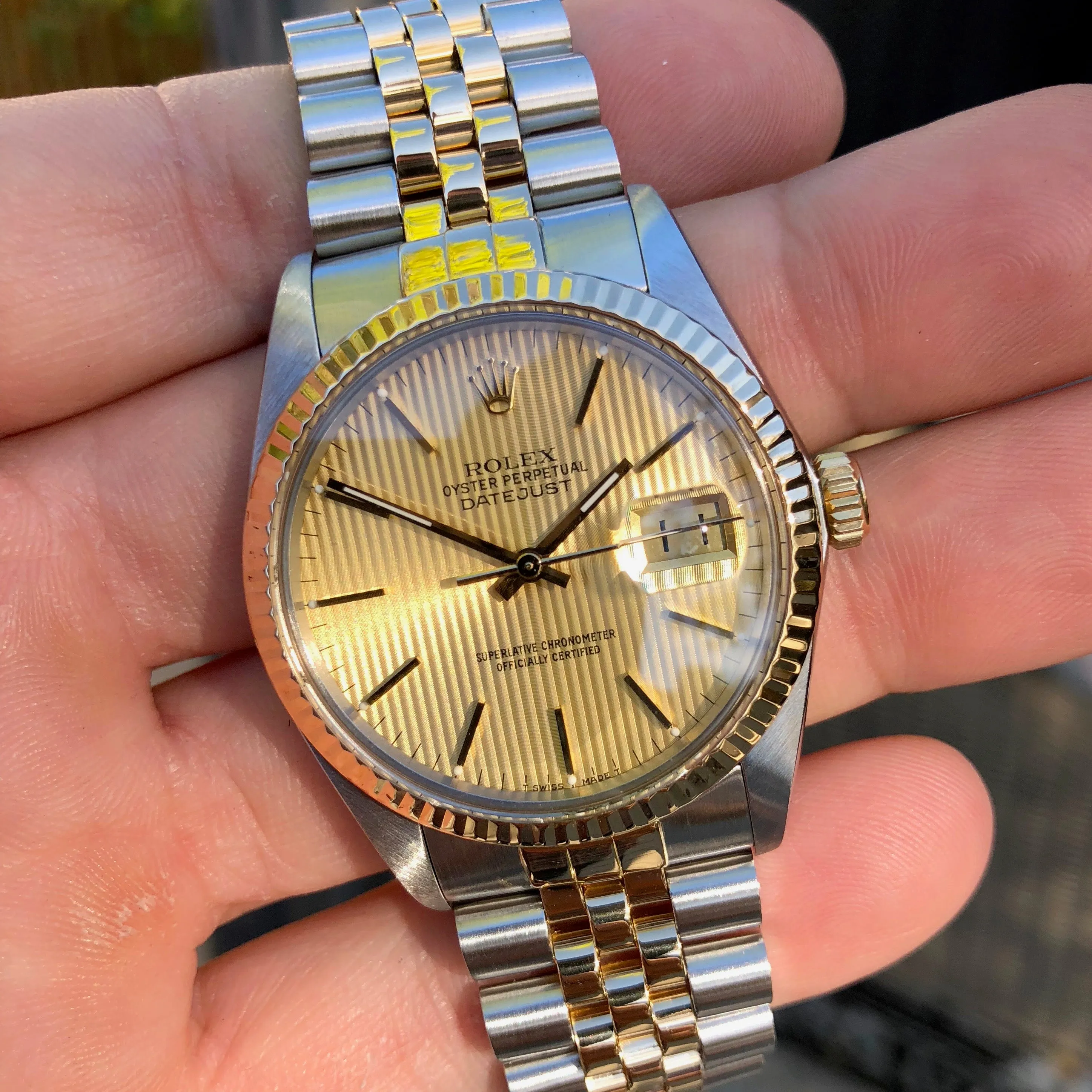 Vintage Rolex Datejust 16013 Champagne Tapestry Cal 3035 Oyster Perpetual Two Tone Steel Gold Wristwatch