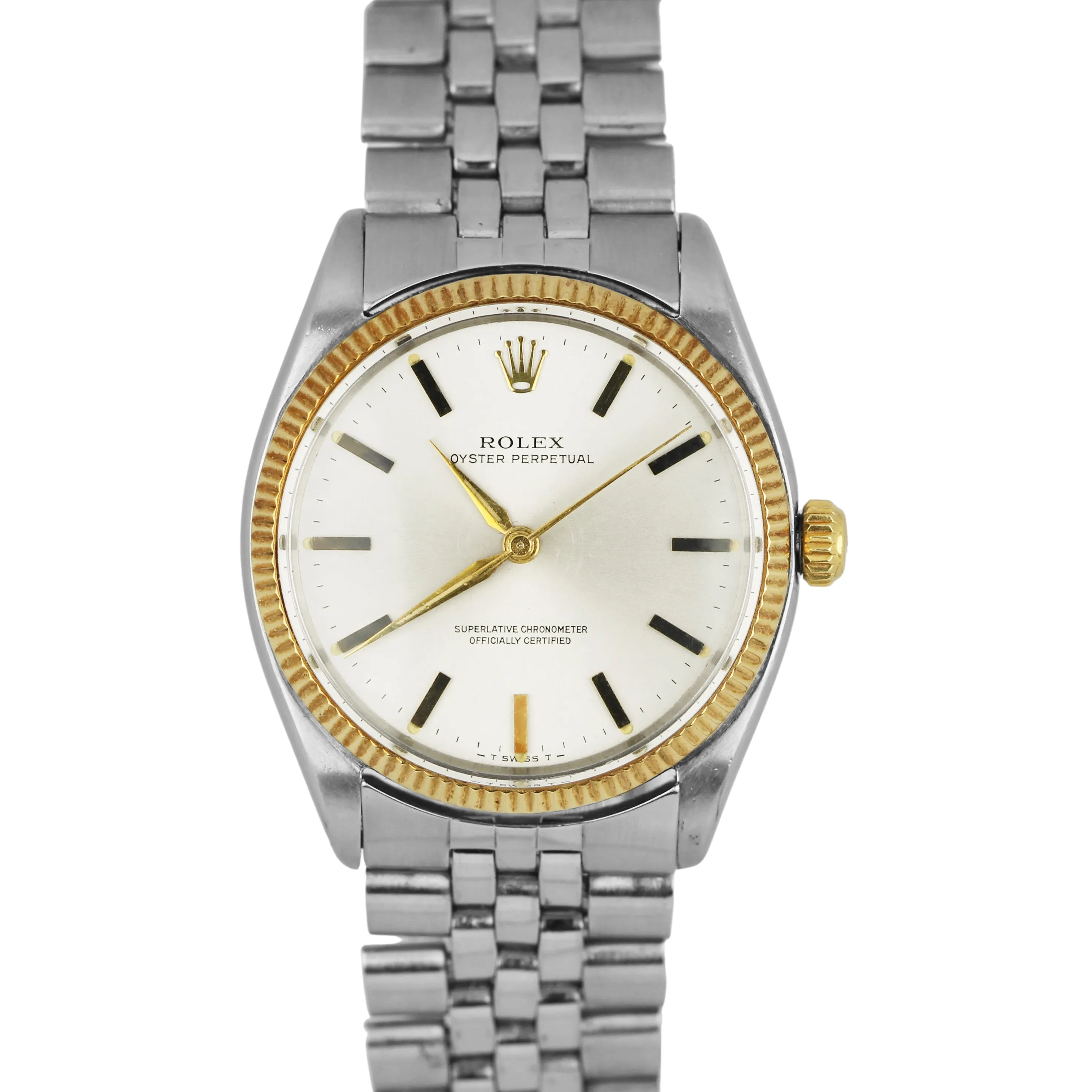 VINTAGE Rolex Oyster Perpetual Stainless Silver Dial 34mm 18k Fluted 6564 Watch