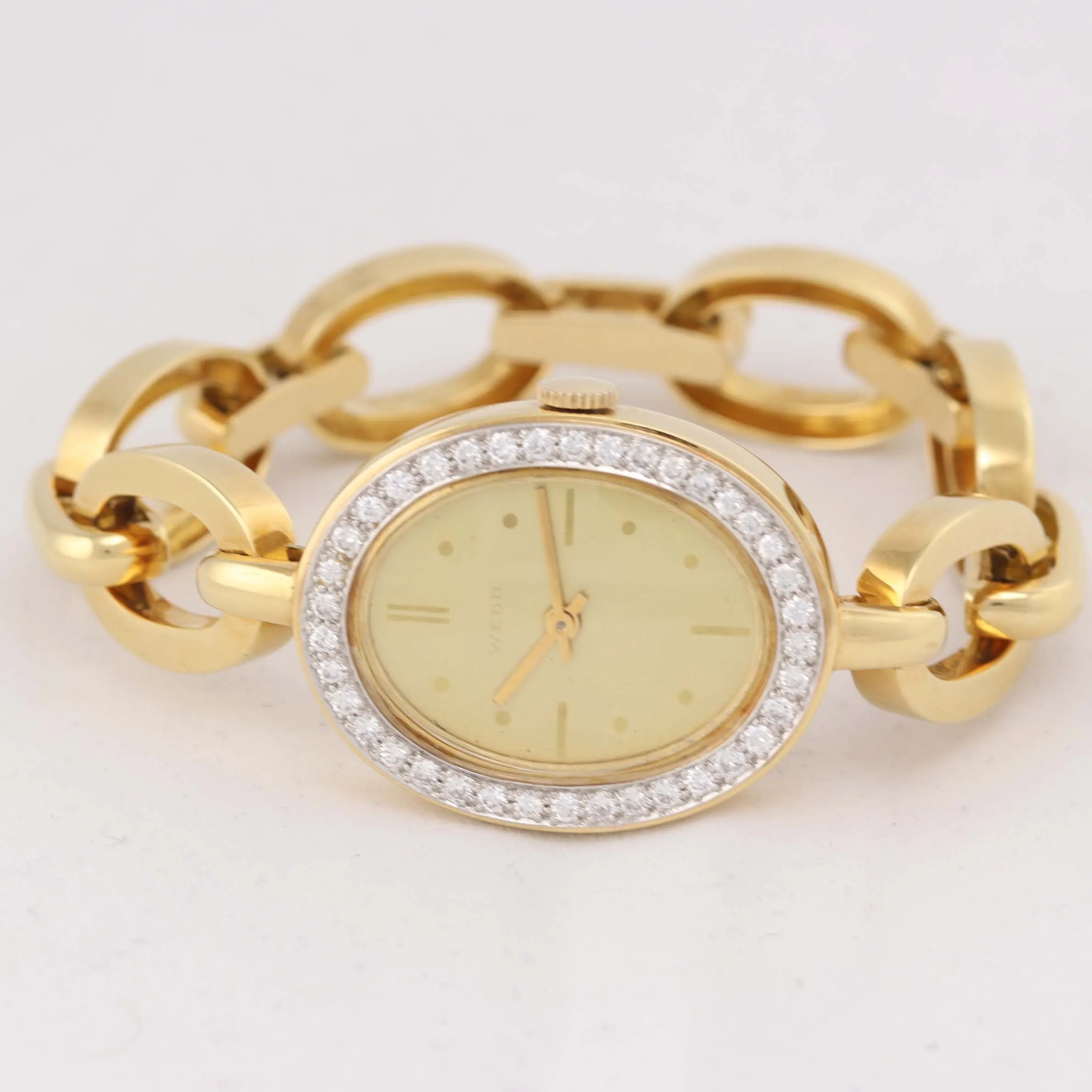 VTG Ladies David Webb 18k Yellow Gold Platinum Diamond Bracelet Oval Watch D8