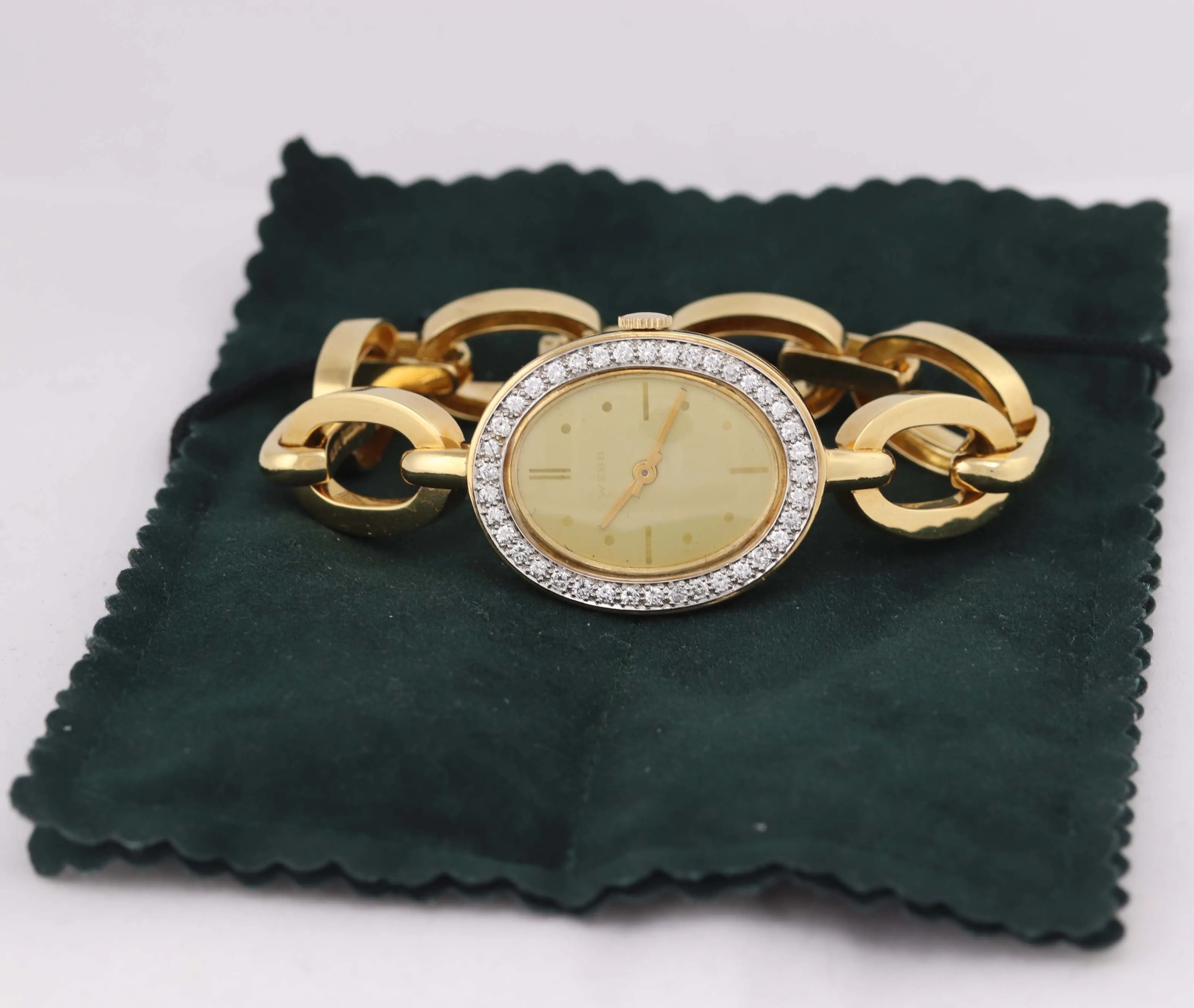 VTG Ladies David Webb 18k Yellow Gold Platinum Diamond Bracelet Oval Watch D8