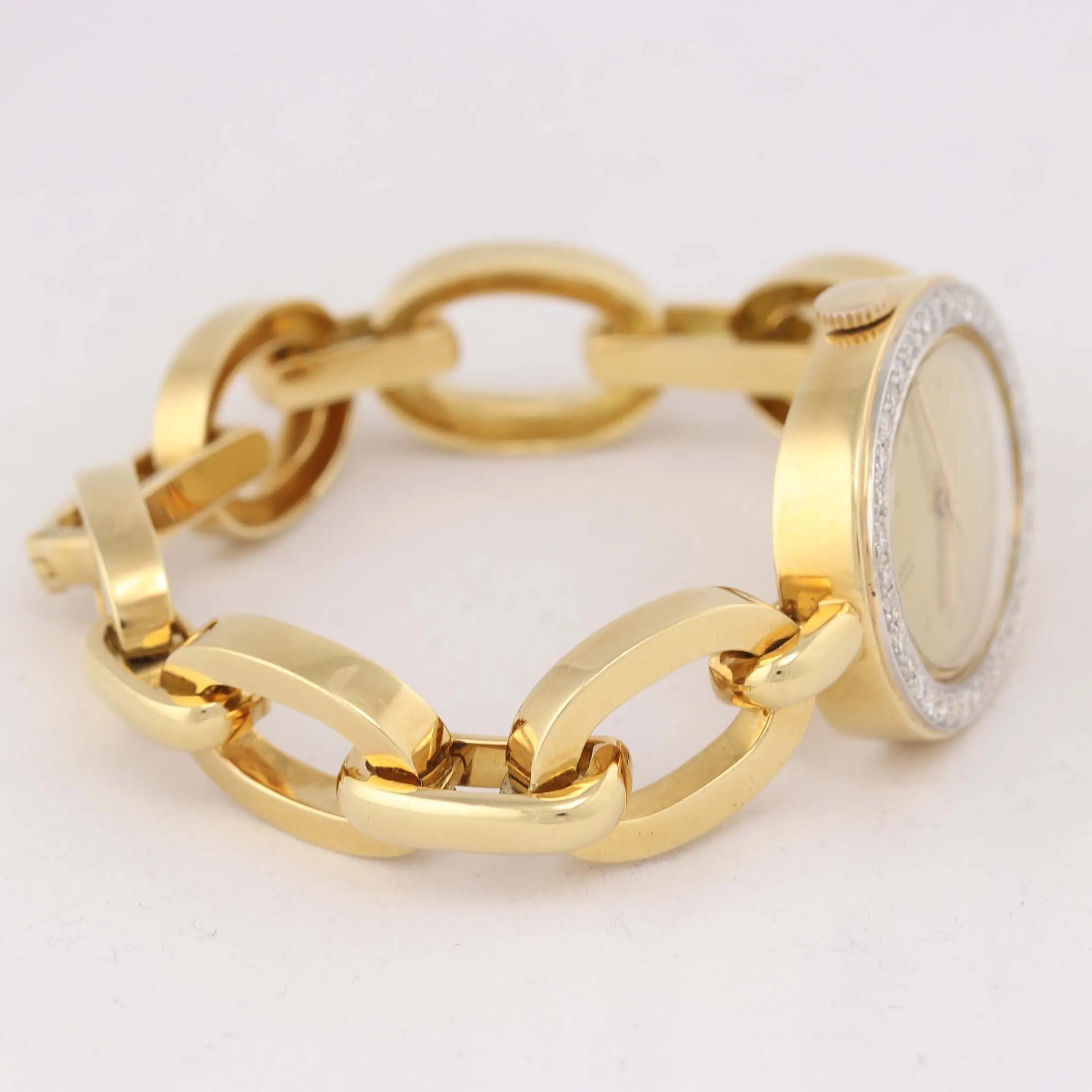 VTG Ladies David Webb 18k Yellow Gold Platinum Diamond Bracelet Oval Watch D8