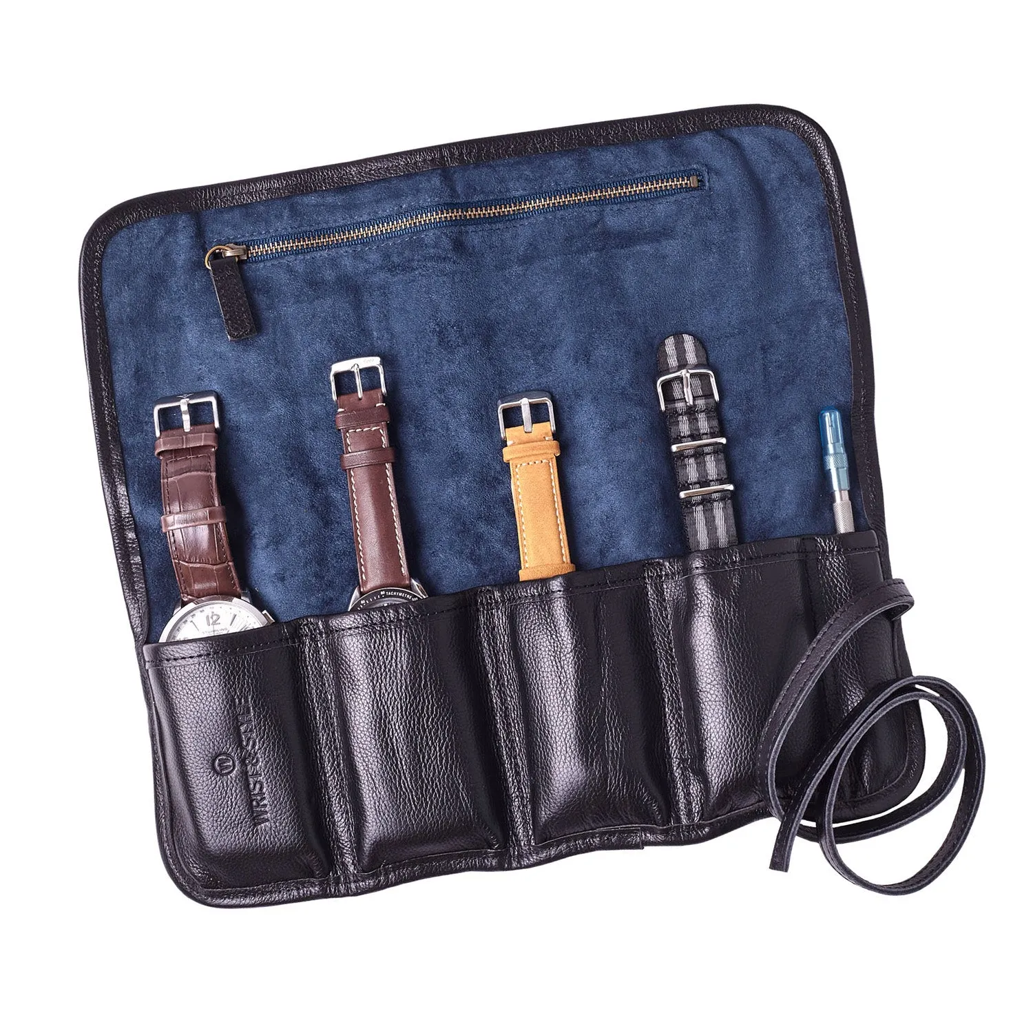 W&S Watch Roll - Black Leather | Blue Canvas - 4 Slot
