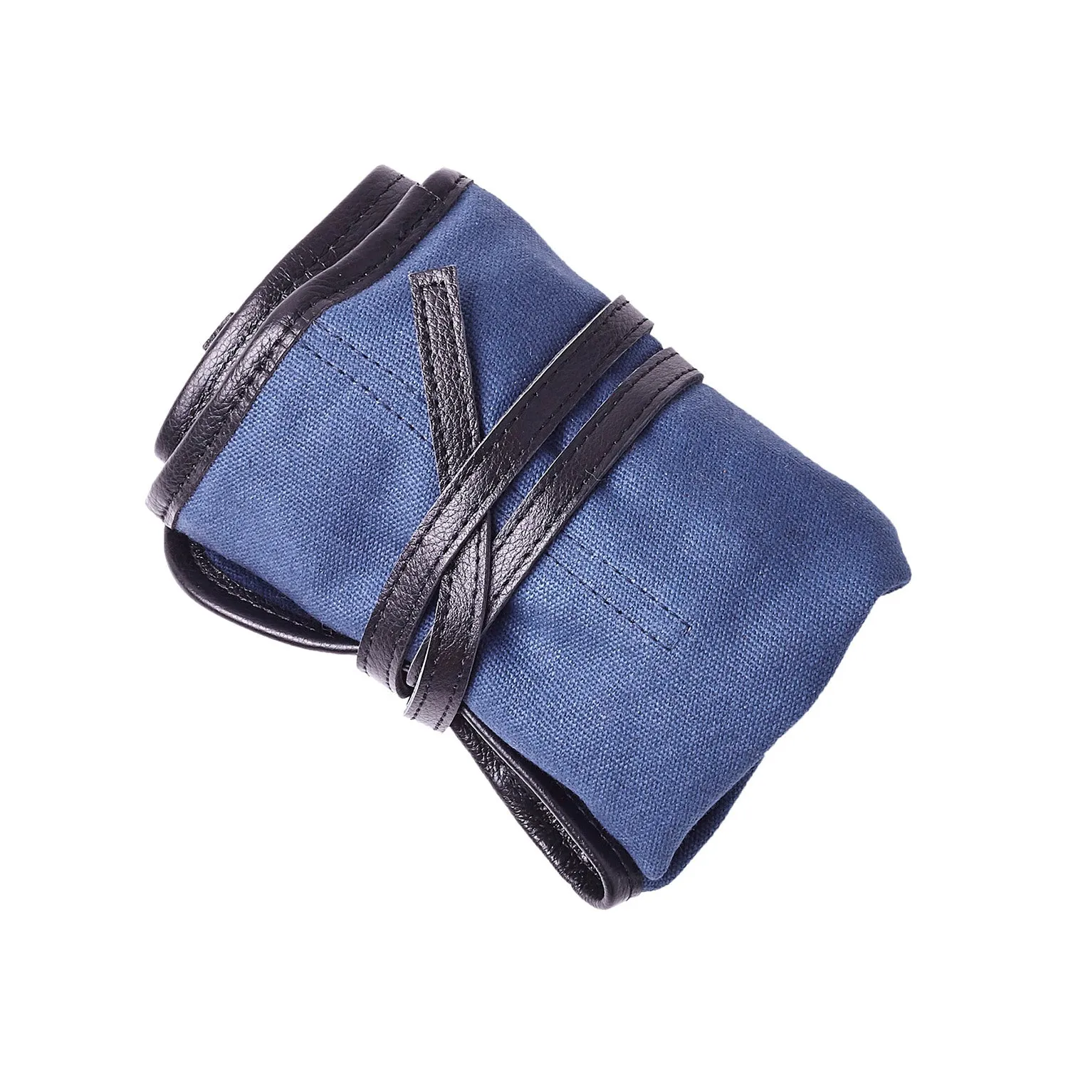 W&S Watch Roll - Black Leather | Blue Canvas - 4 Slot