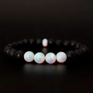 White Rainbow Opalescence & Lava Stone Beaded Bracelet