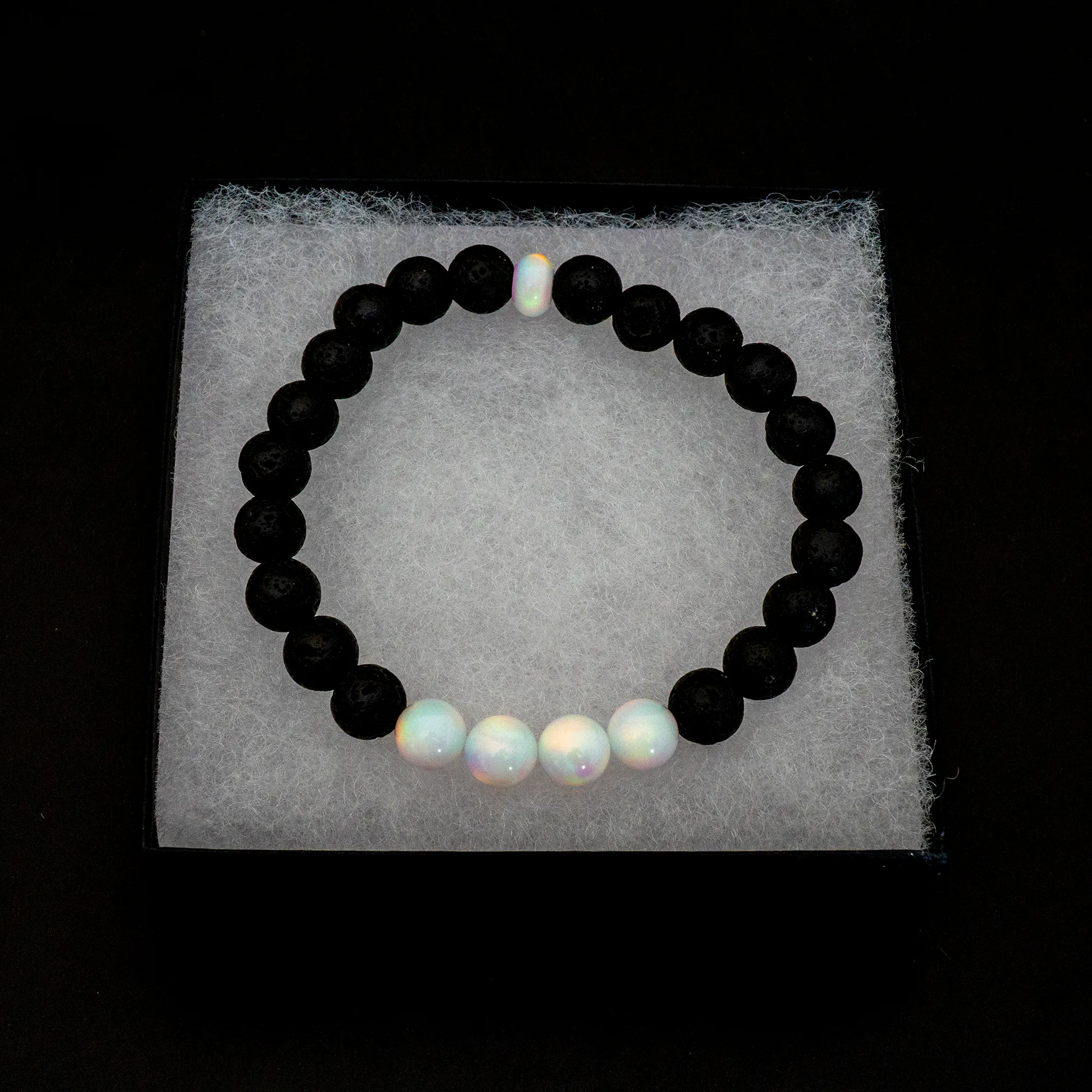 White Rainbow Opalescence & Lava Stone Beaded Bracelet