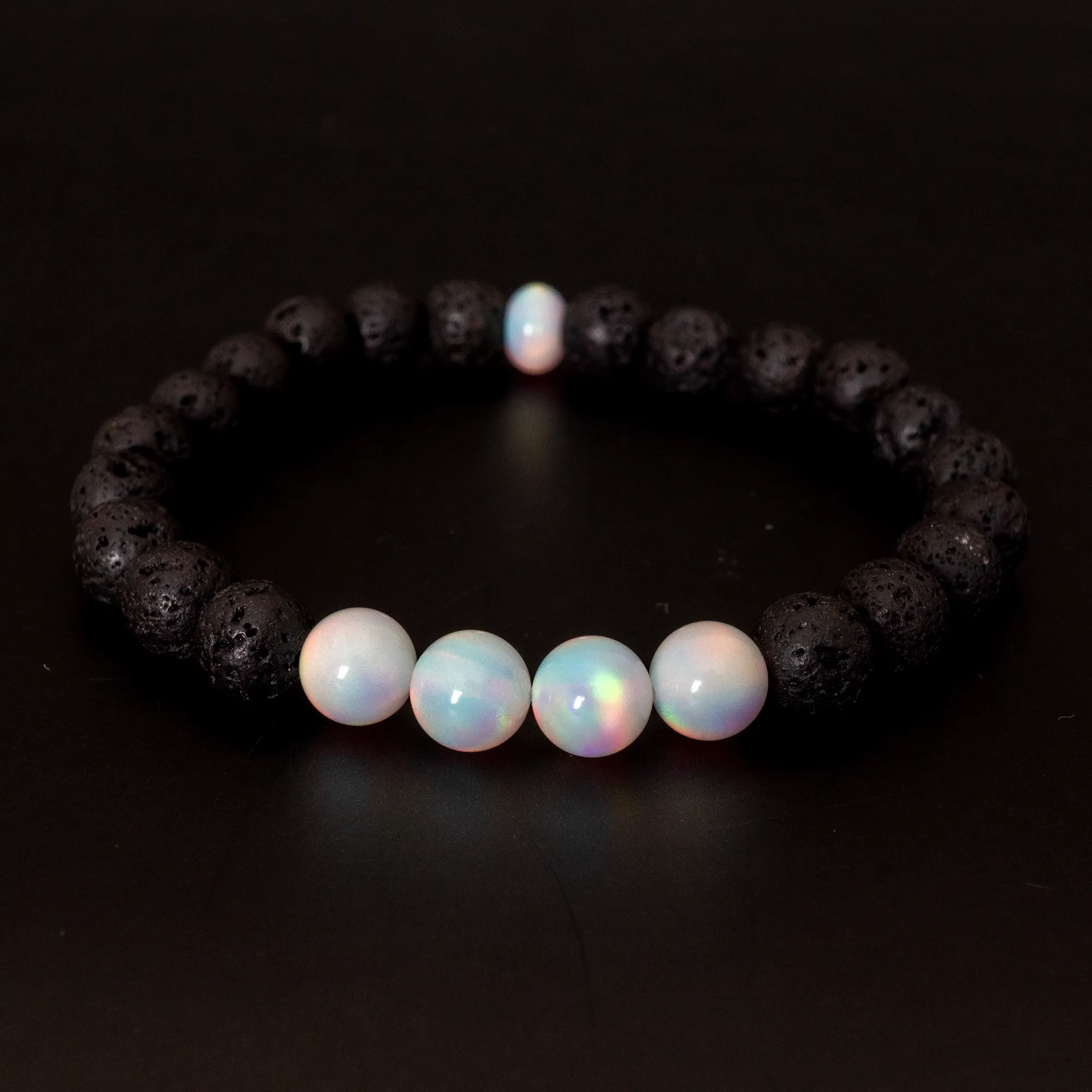 White Rainbow Opalescence & Lava Stone Beaded Bracelet