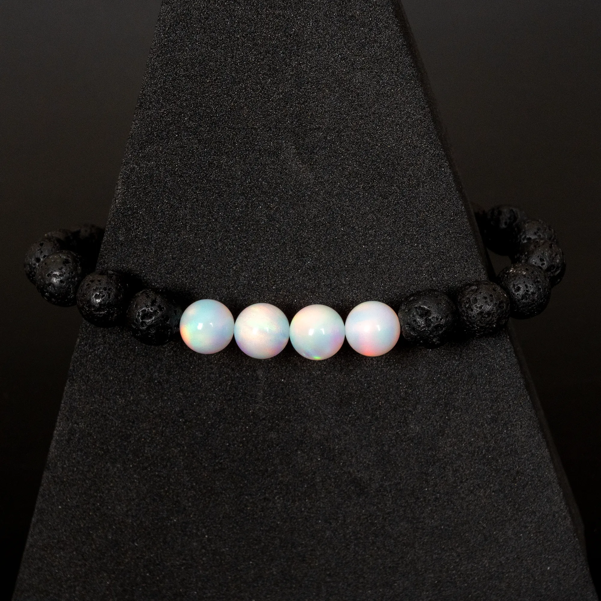 White Rainbow Opalescence & Lava Stone Beaded Bracelet