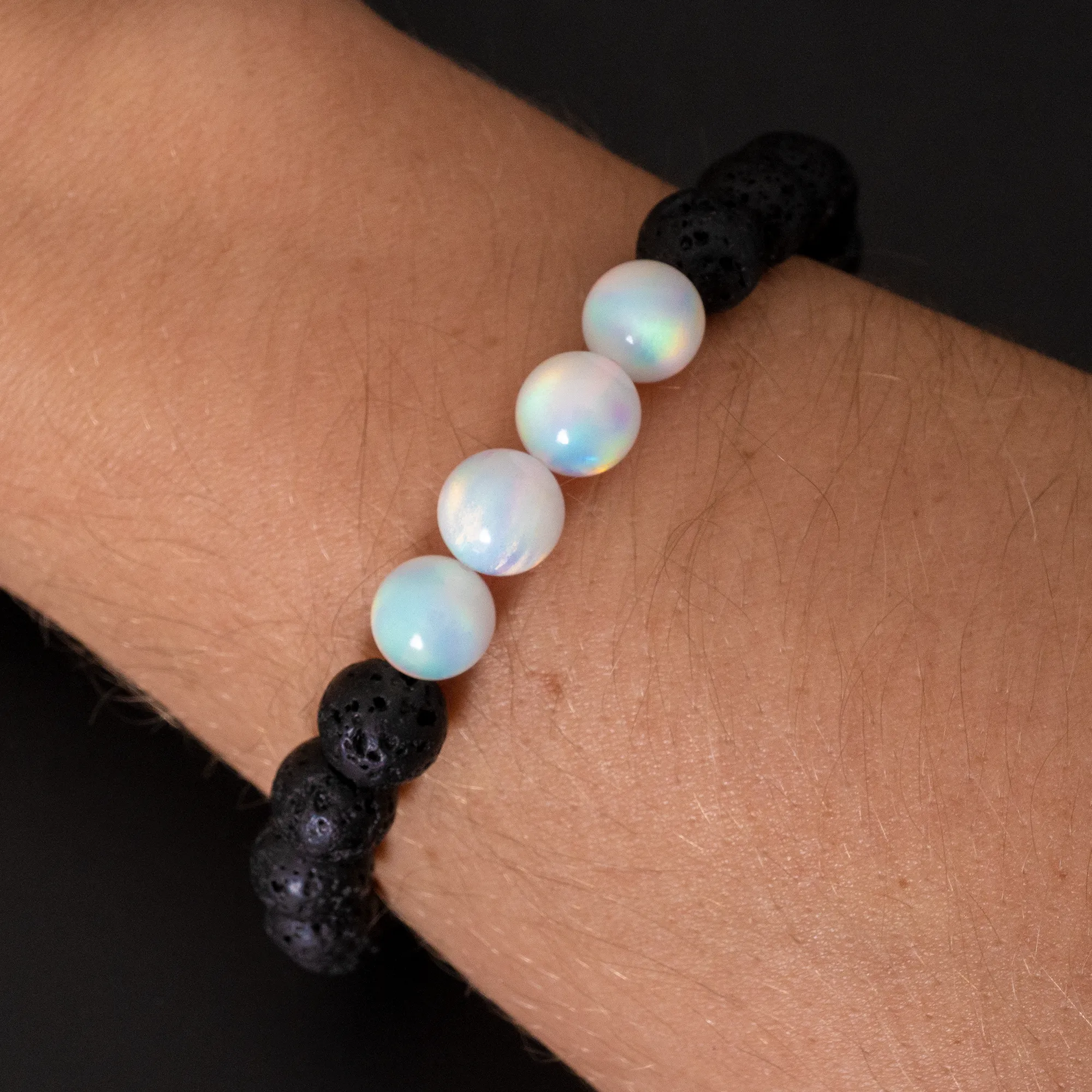White Rainbow Opalescence & Lava Stone Beaded Bracelet