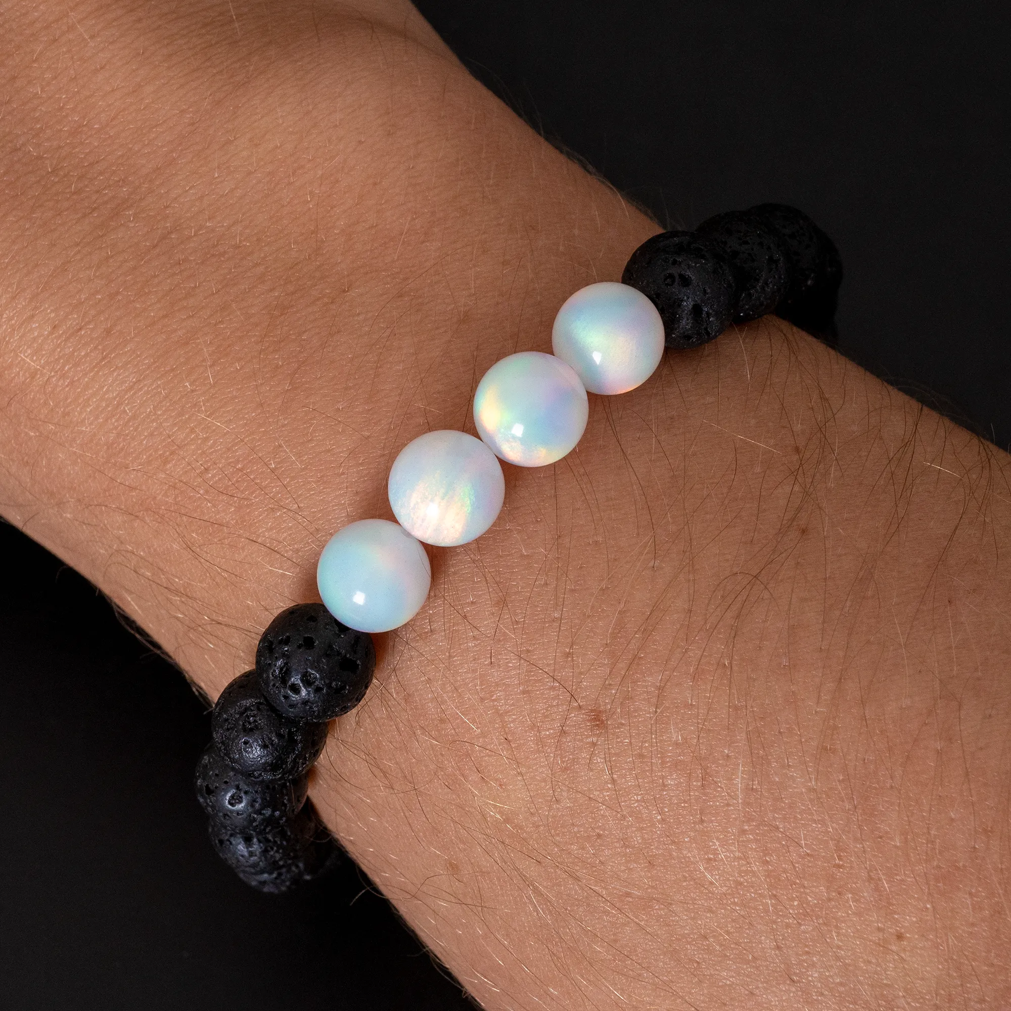 White Rainbow Opalescence & Lava Stone Beaded Bracelet