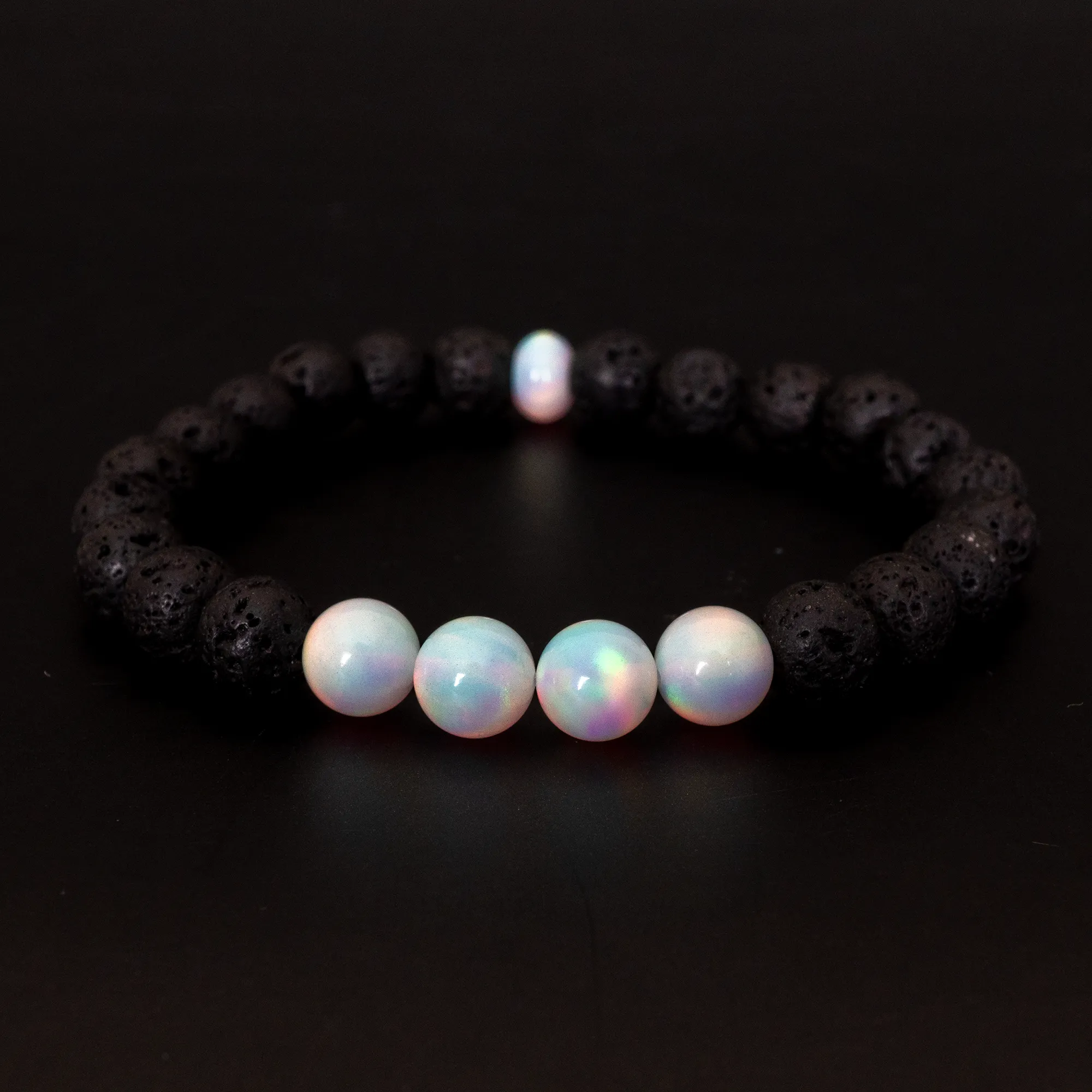 White Rainbow Opalescence & Lava Stone Beaded Bracelet