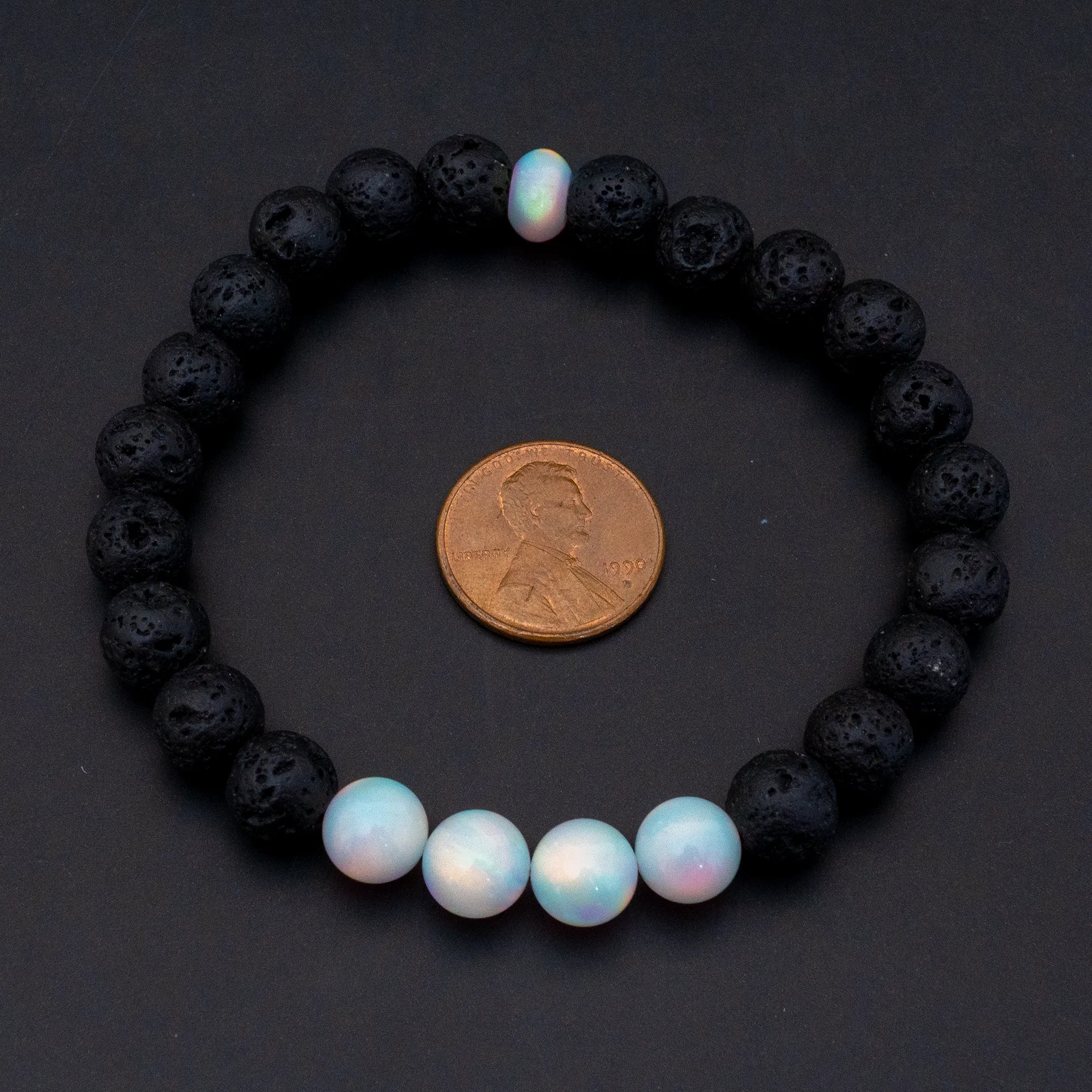 White Rainbow Opalescence & Lava Stone Beaded Bracelet