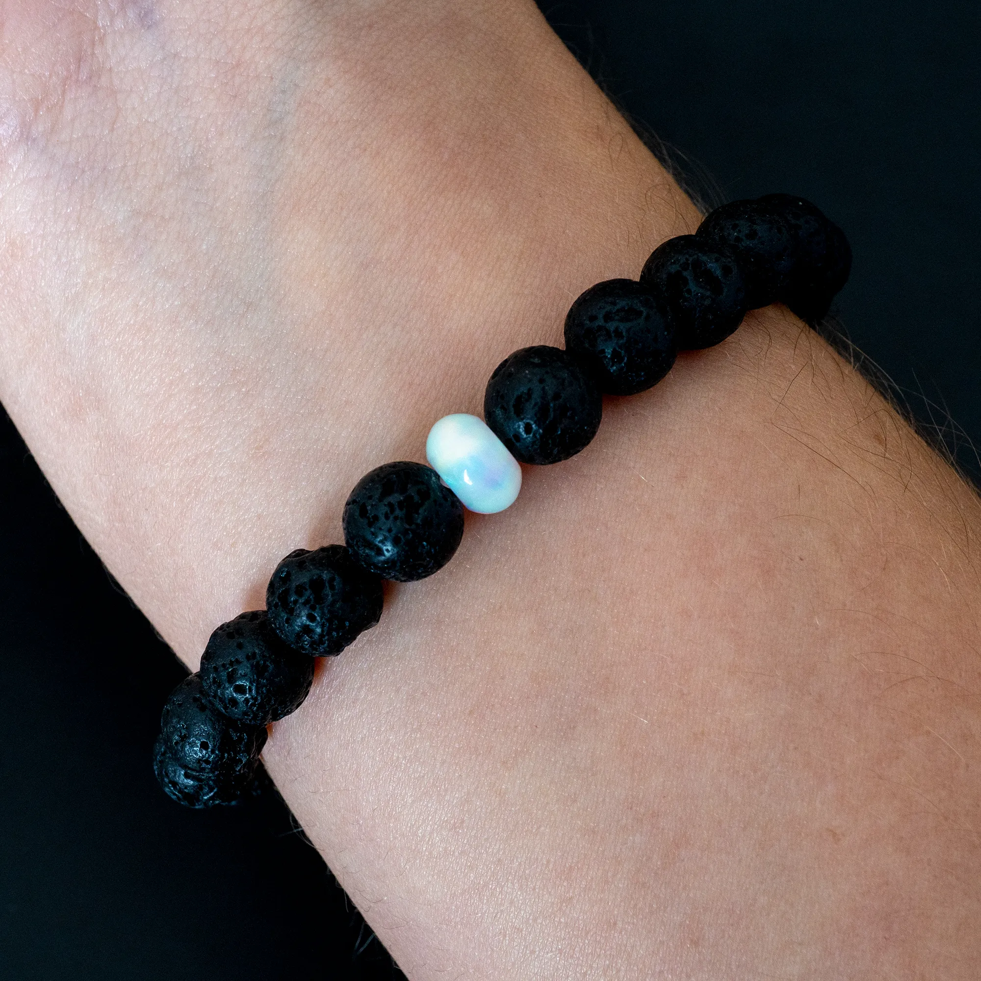 White Rainbow Opalescence & Lava Stone Beaded Bracelet