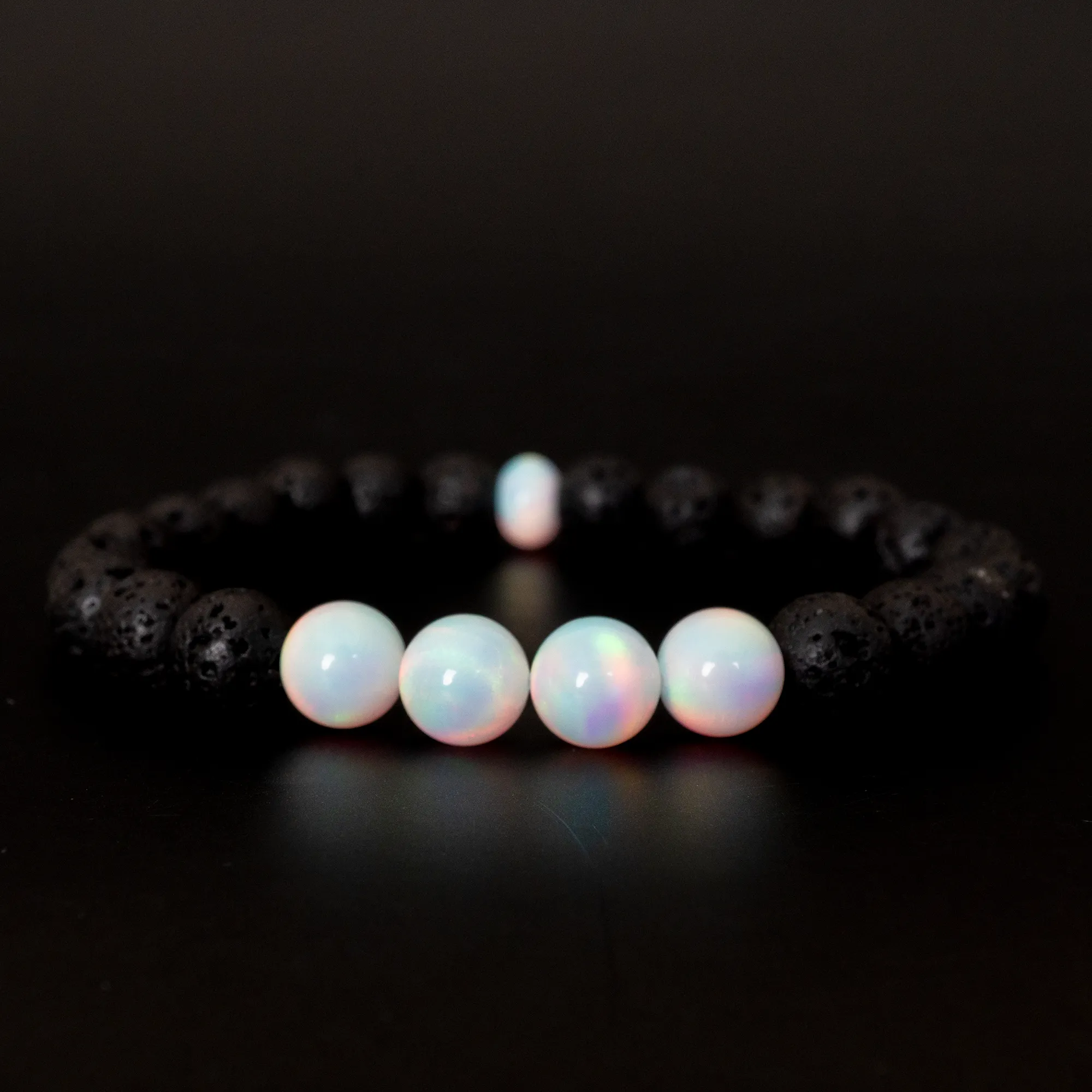 White Rainbow Opalescence & Lava Stone Beaded Bracelet