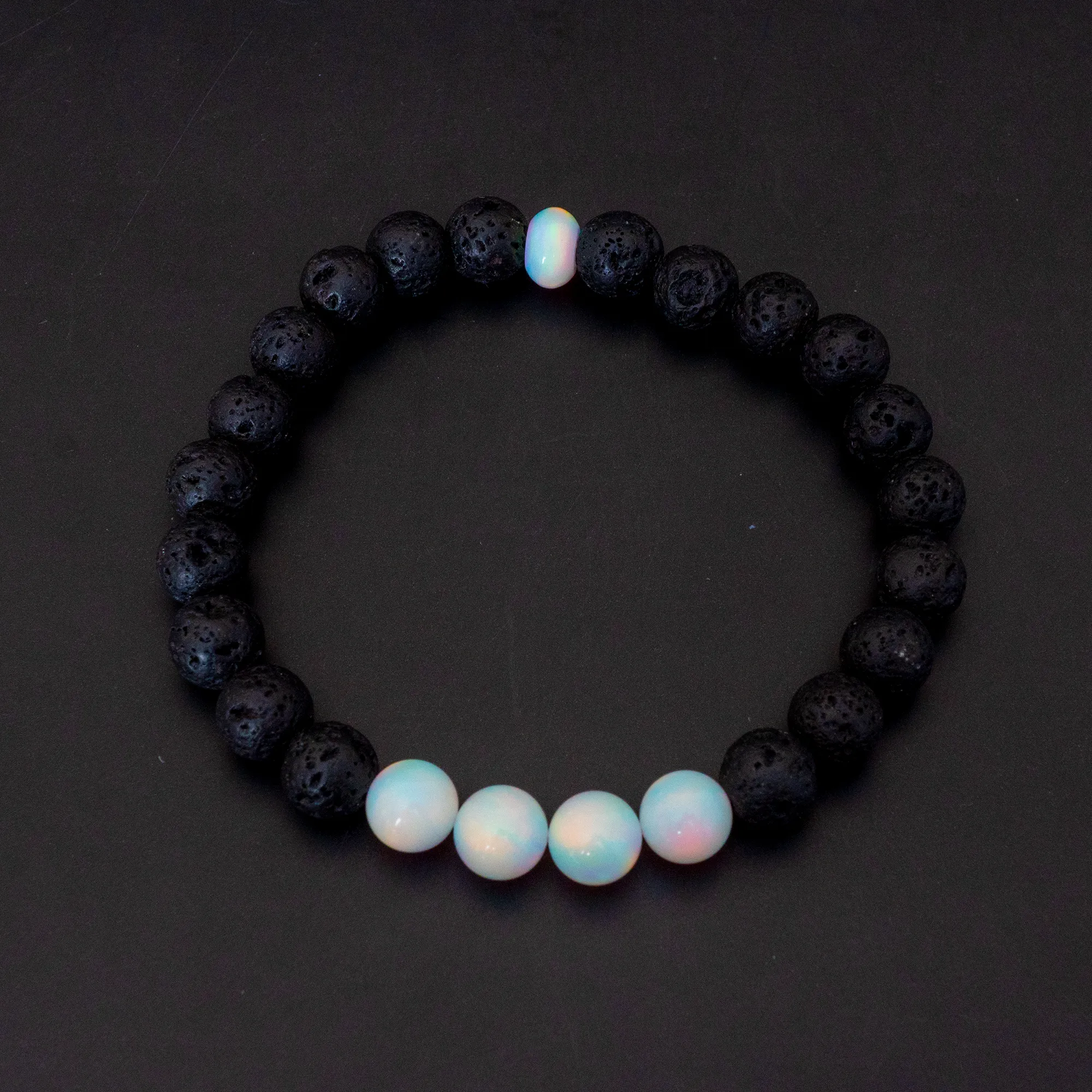 White Rainbow Opalescence & Lava Stone Beaded Bracelet
