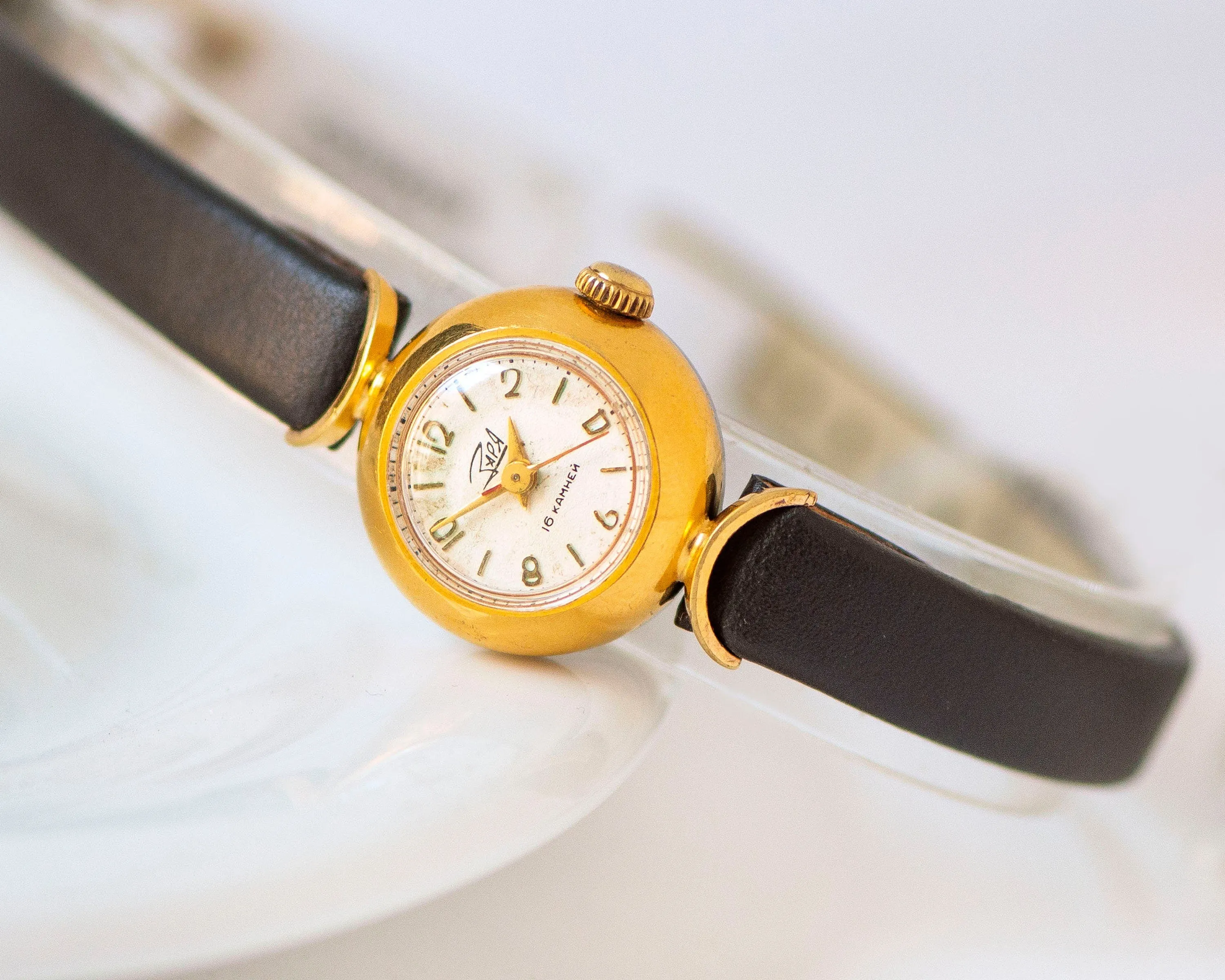 Women watch vintage gold plated Dawn, retro wristwatch woman gift, crescent trim lady watch delicate jewelry, new premium leather strap
