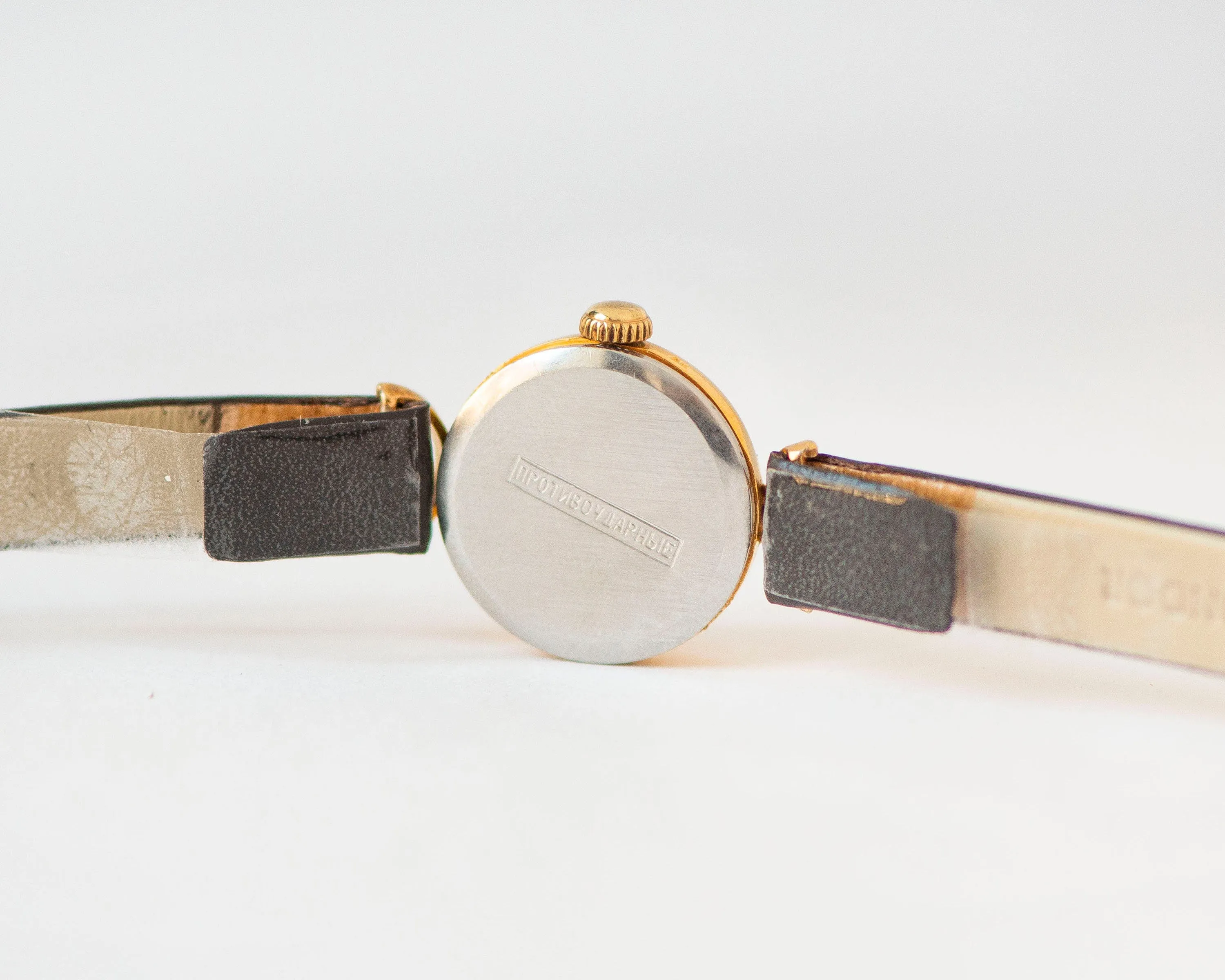 Women watch vintage gold plated Dawn, retro wristwatch woman gift, crescent trim lady watch delicate jewelry, new premium leather strap
