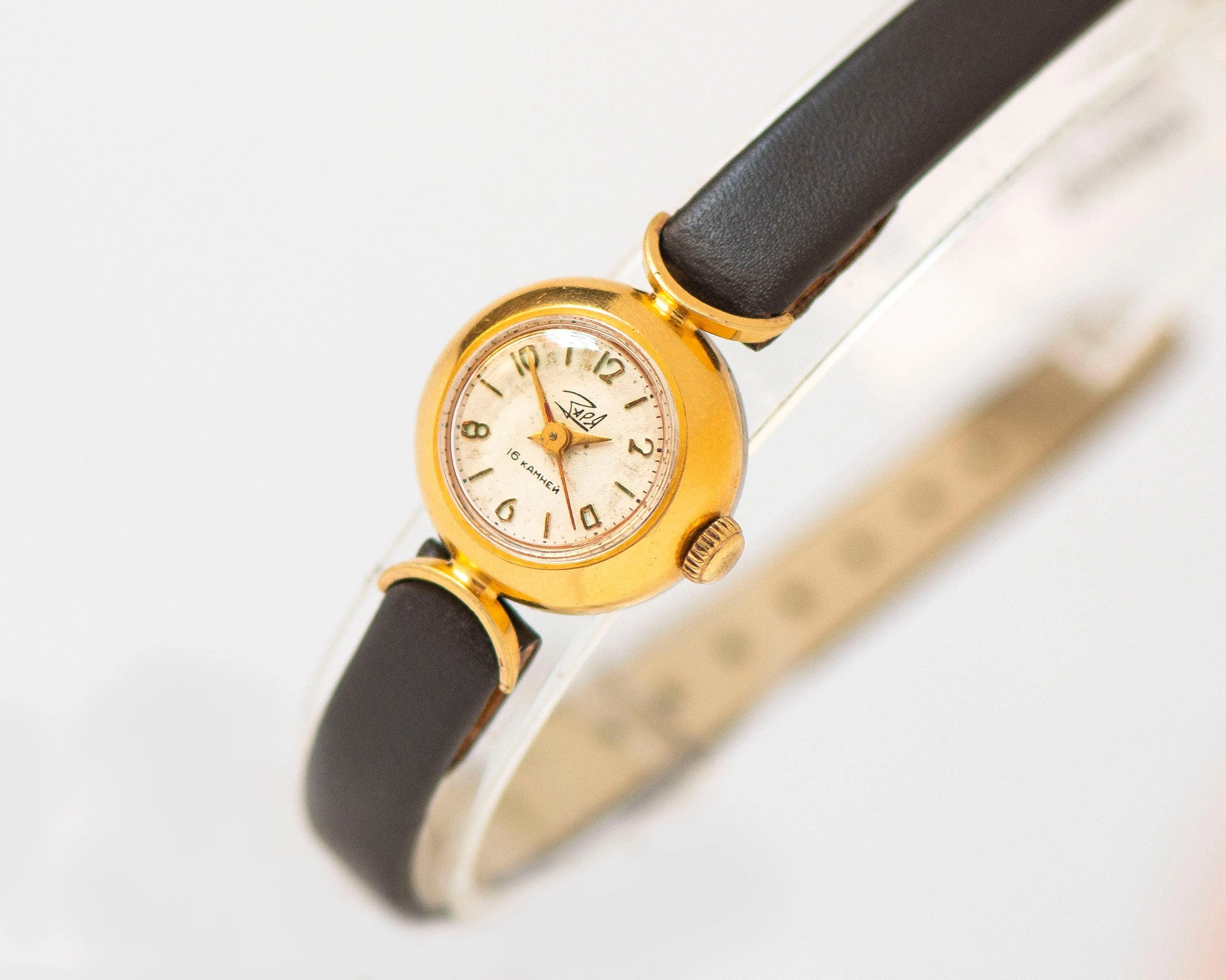 Women watch vintage gold plated Dawn, retro wristwatch woman gift, crescent trim lady watch delicate jewelry, new premium leather strap
