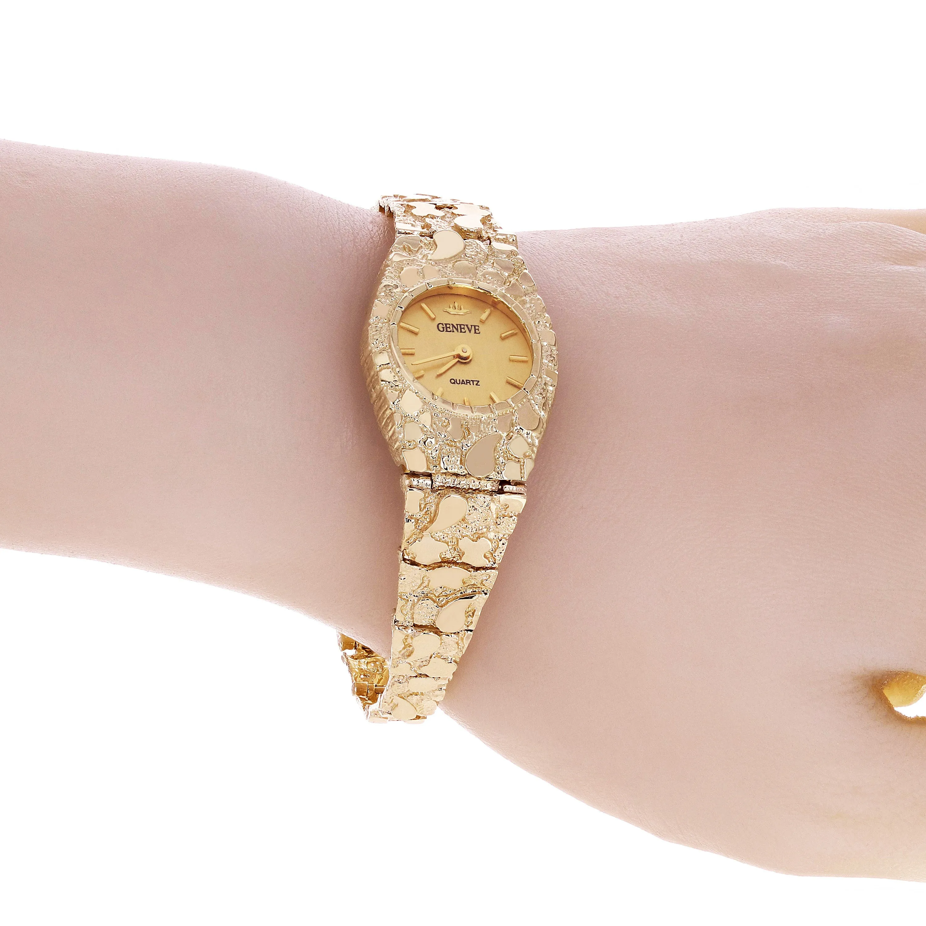Women's 10k Yellow Gold Nugget Link Bracelet Geneve Wrist Watch 8" 29.6 grams