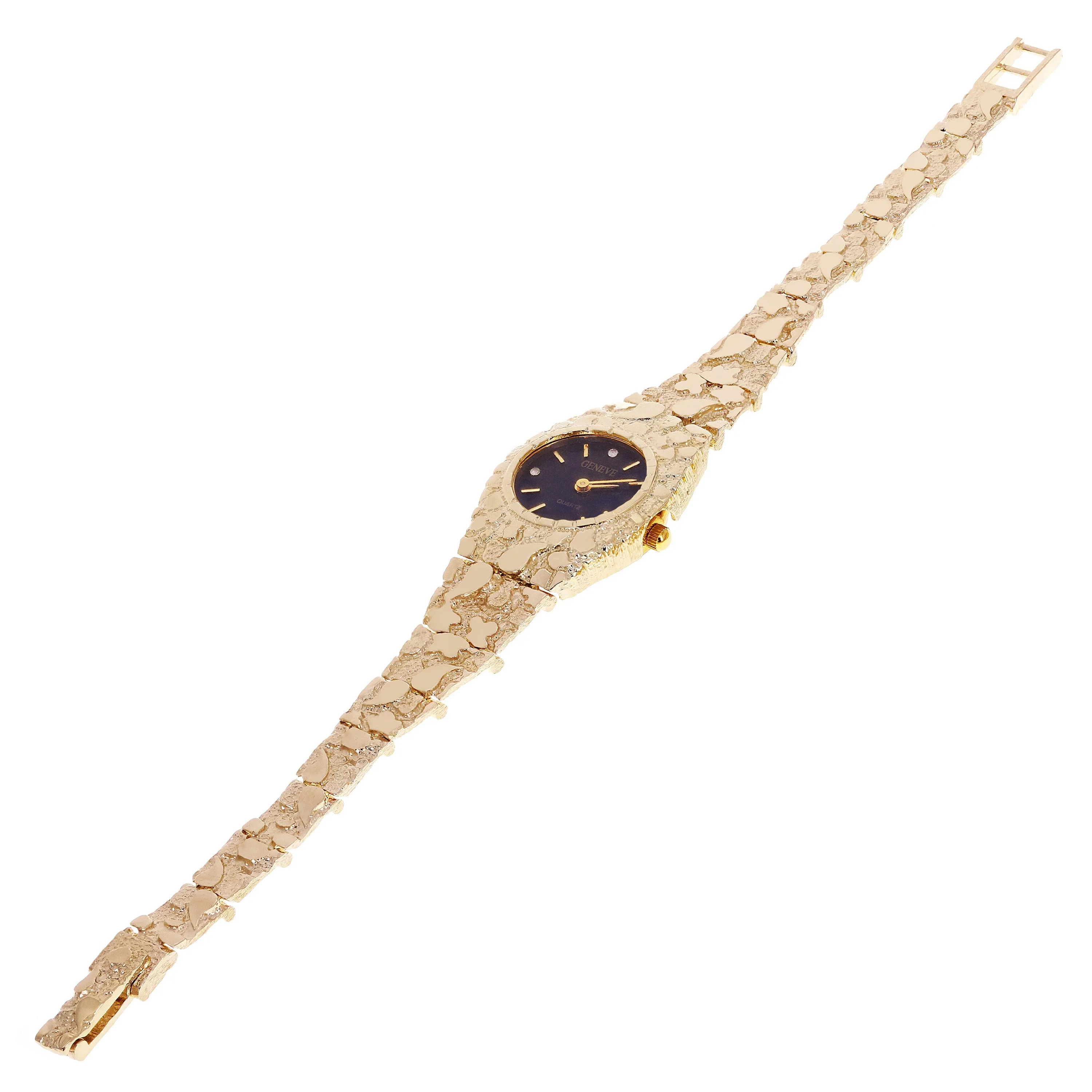 Women's 10k Yellow Gold Nugget Link Bracelet Geneve Wrist Watch with Diamonds 8"