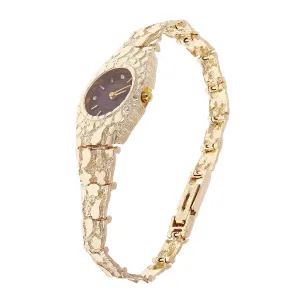 Women's 10k Yellow Gold Nugget Link Bracelet Geneve Wrist Watch with Diamonds 8"