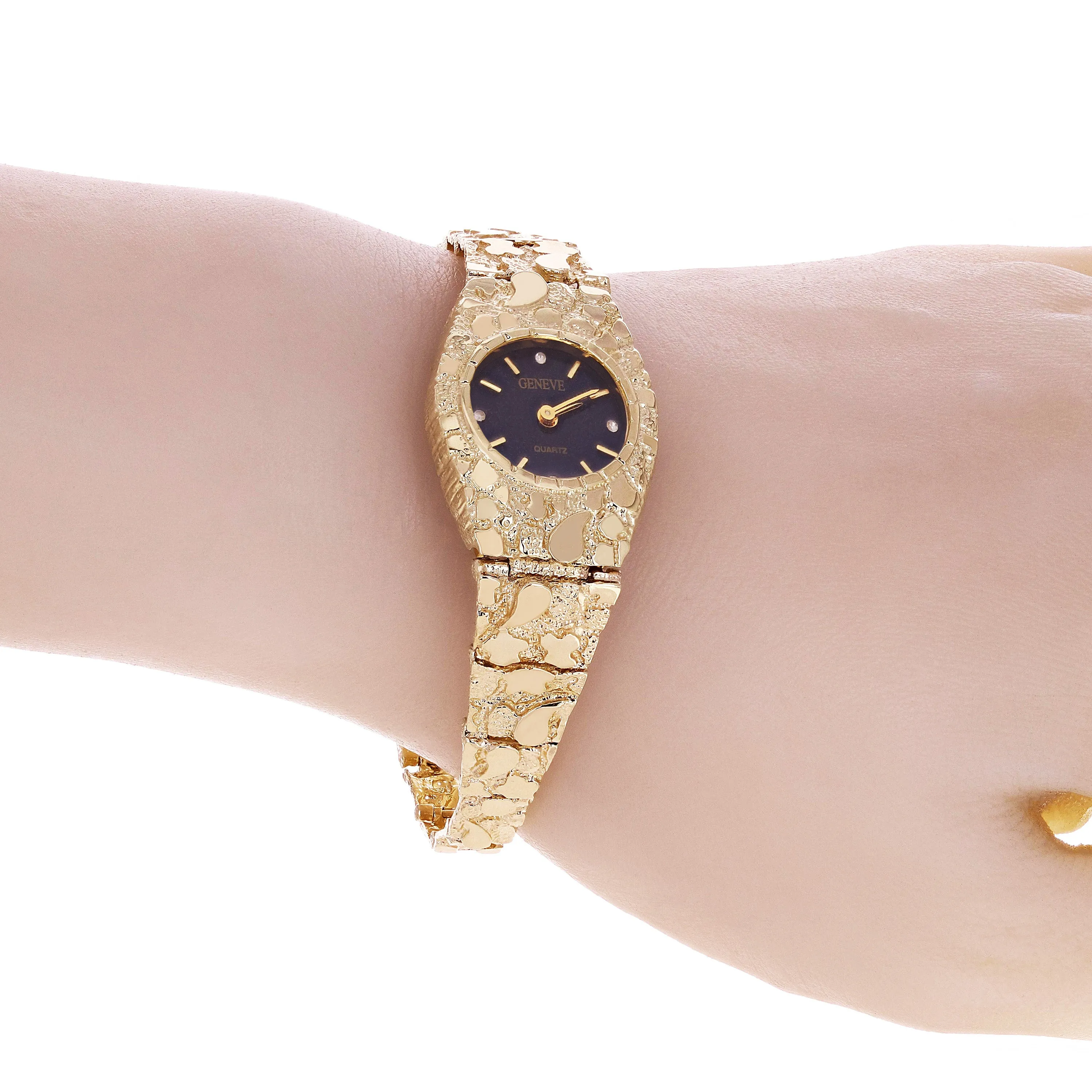 Women's 10k Yellow Gold Nugget Link Bracelet Geneve Wrist Watch with Diamonds 8"
