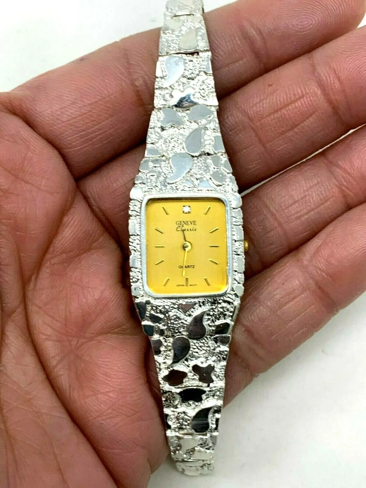 Women's 925 Sterling Silver Nugget Link Geneve Wrist Watch 6.5-7" 24.7 grams