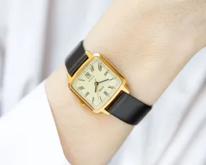 Women's watch Roman numerals Dawn vintage, square wristwatch gold plated, women's watch classic jewelry gift, new premium leather strap