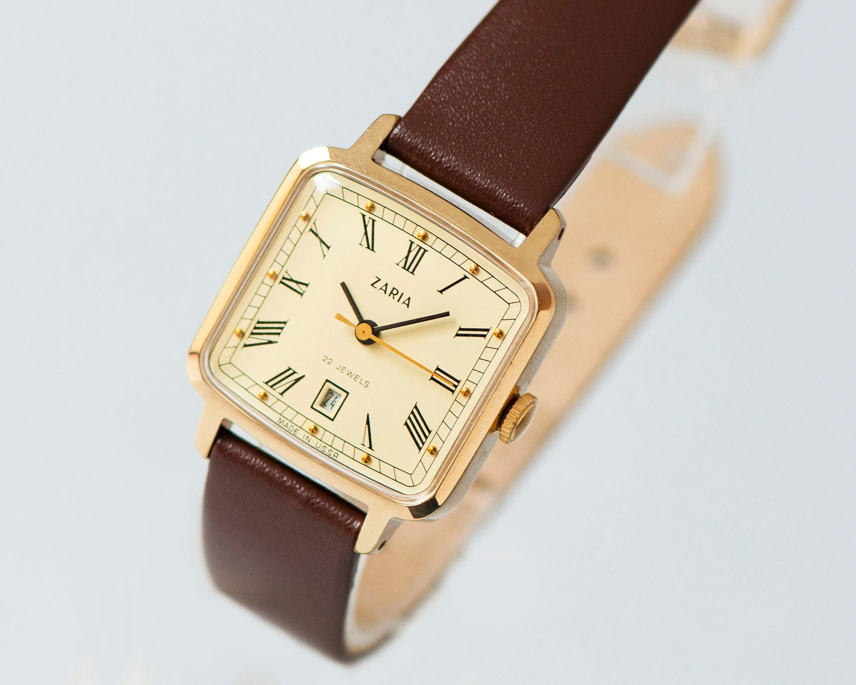Women's watch unused tank Roman numerals Dawn vintage, square watch gold plated, women's watch classic jewelry gift, new luxury leather band