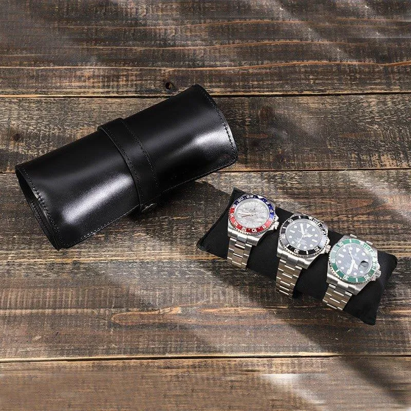 Woosir Leather Black Watch Roll Case for 3 Watches