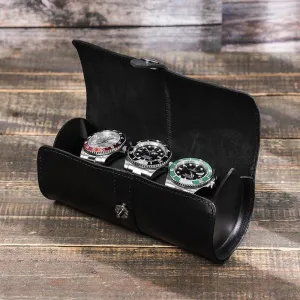 Woosir Leather Black Watch Roll Case for 3 Watches