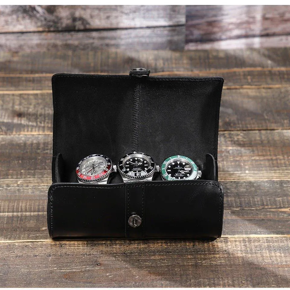 Woosir Leather Black Watch Roll Case for 3 Watches