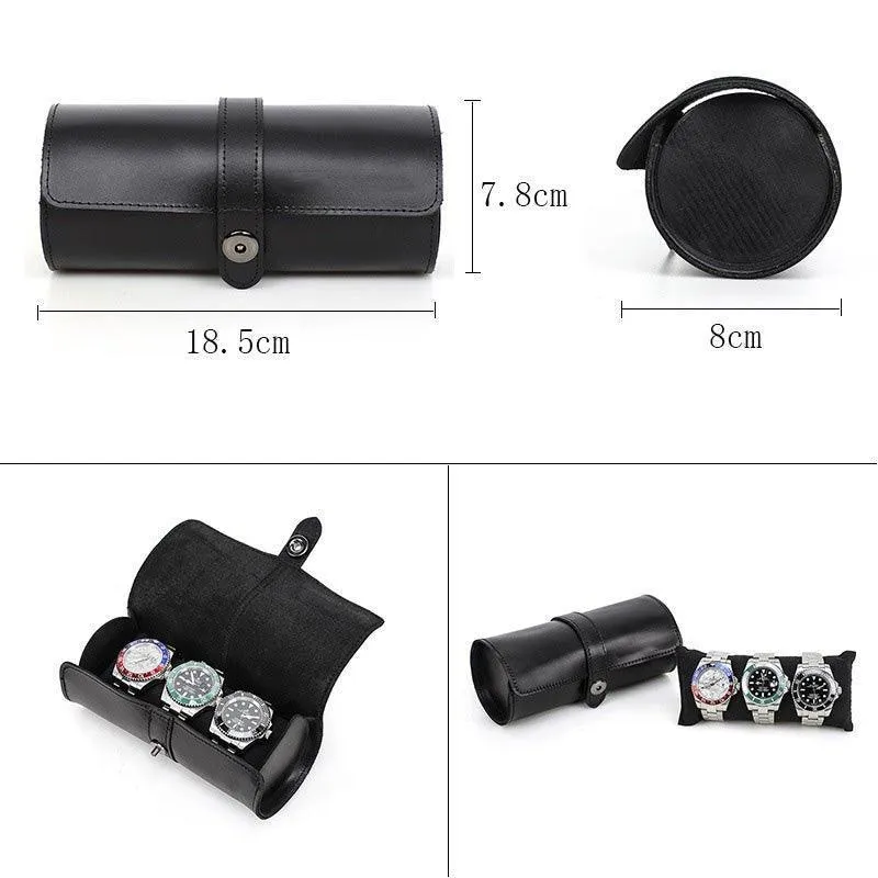 Woosir Leather Black Watch Roll Case for 3 Watches