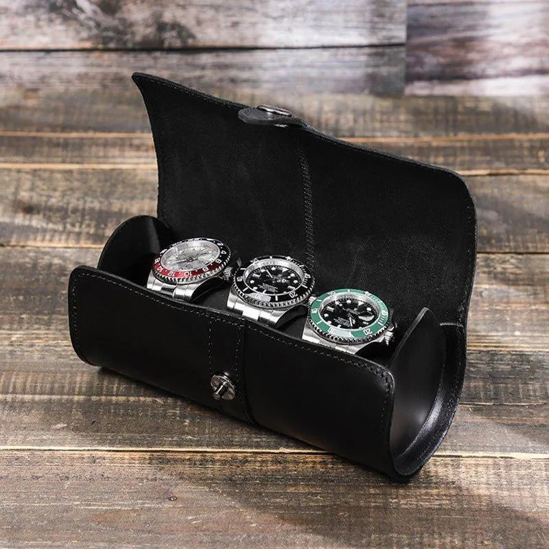Woosir Leather Black Watch Roll Case for 3 Watches