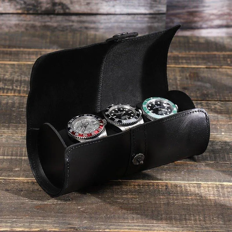 Woosir Leather Black Watch Roll Case for 3 Watches