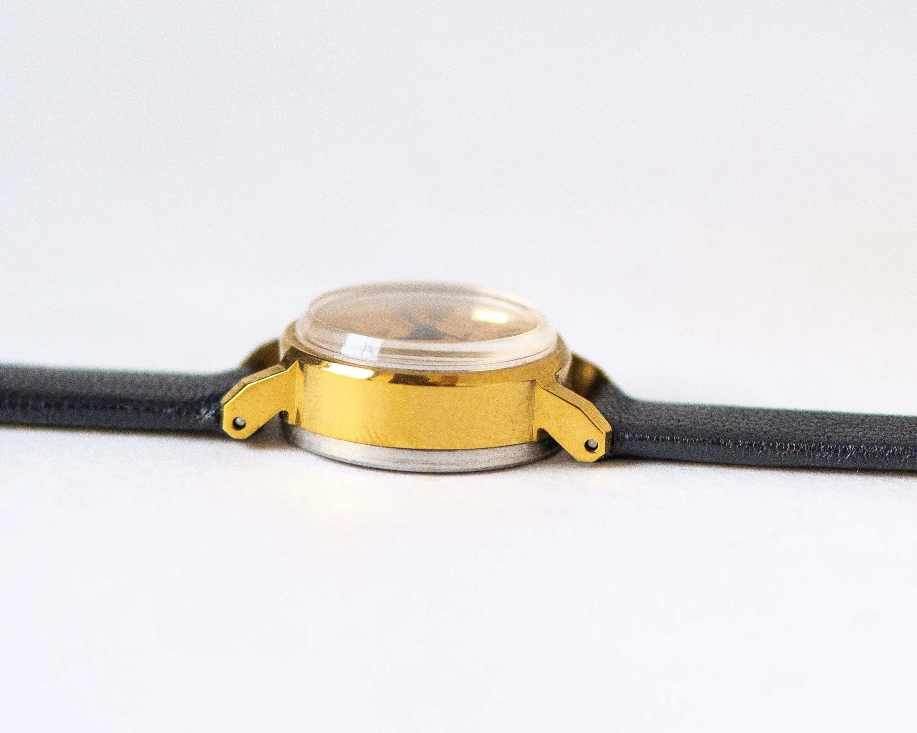 Wristwatch for woman Dawn yellow dial, vintage micro watch women gold shade classic jewelry gift, delicate watch, new premium leather strap