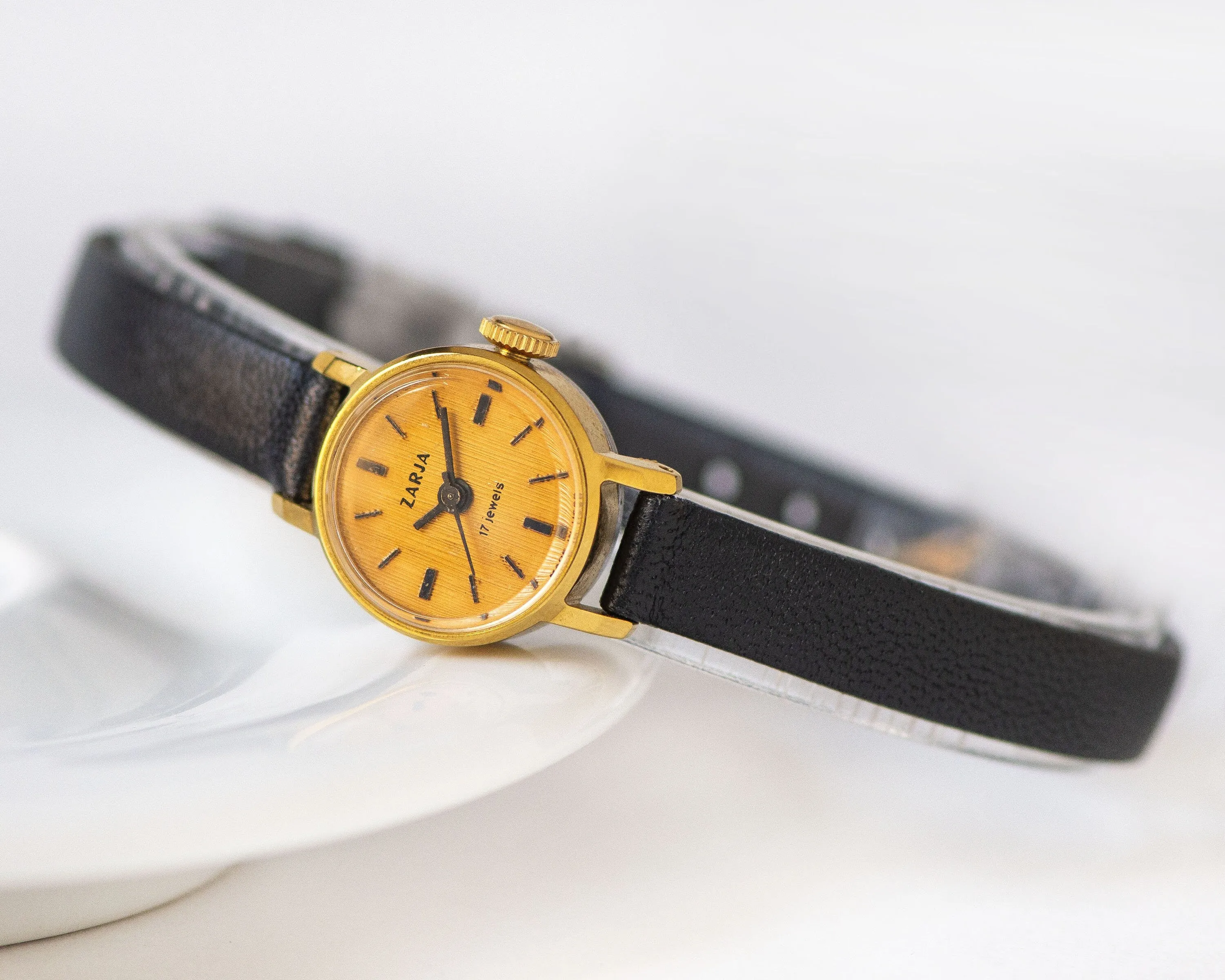 Wristwatch for woman Dawn yellow dial, vintage micro watch women gold shade classic jewelry gift, delicate watch, new premium leather strap