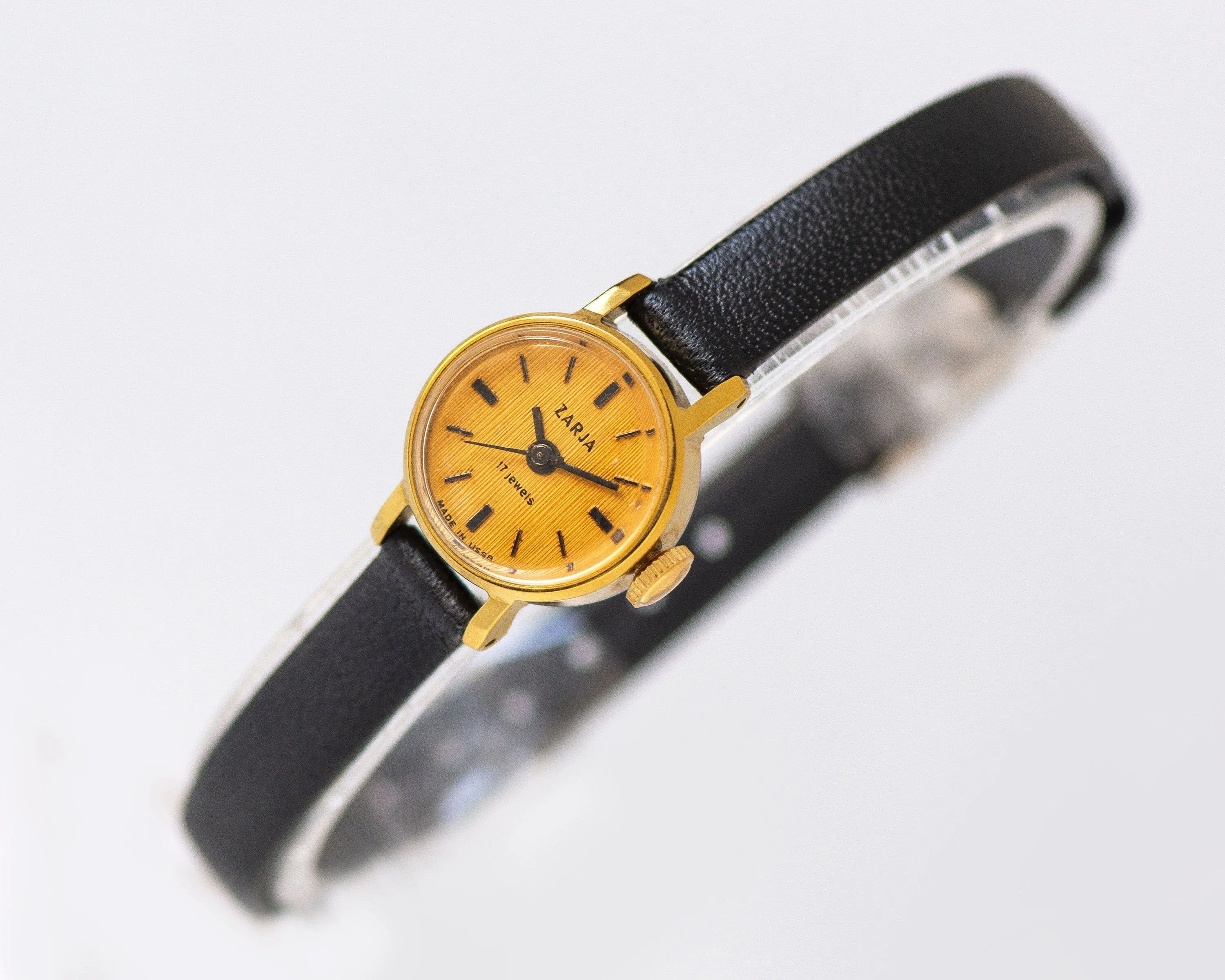 Wristwatch for woman Dawn yellow dial, vintage micro watch women gold shade classic jewelry gift, delicate watch, new premium leather strap