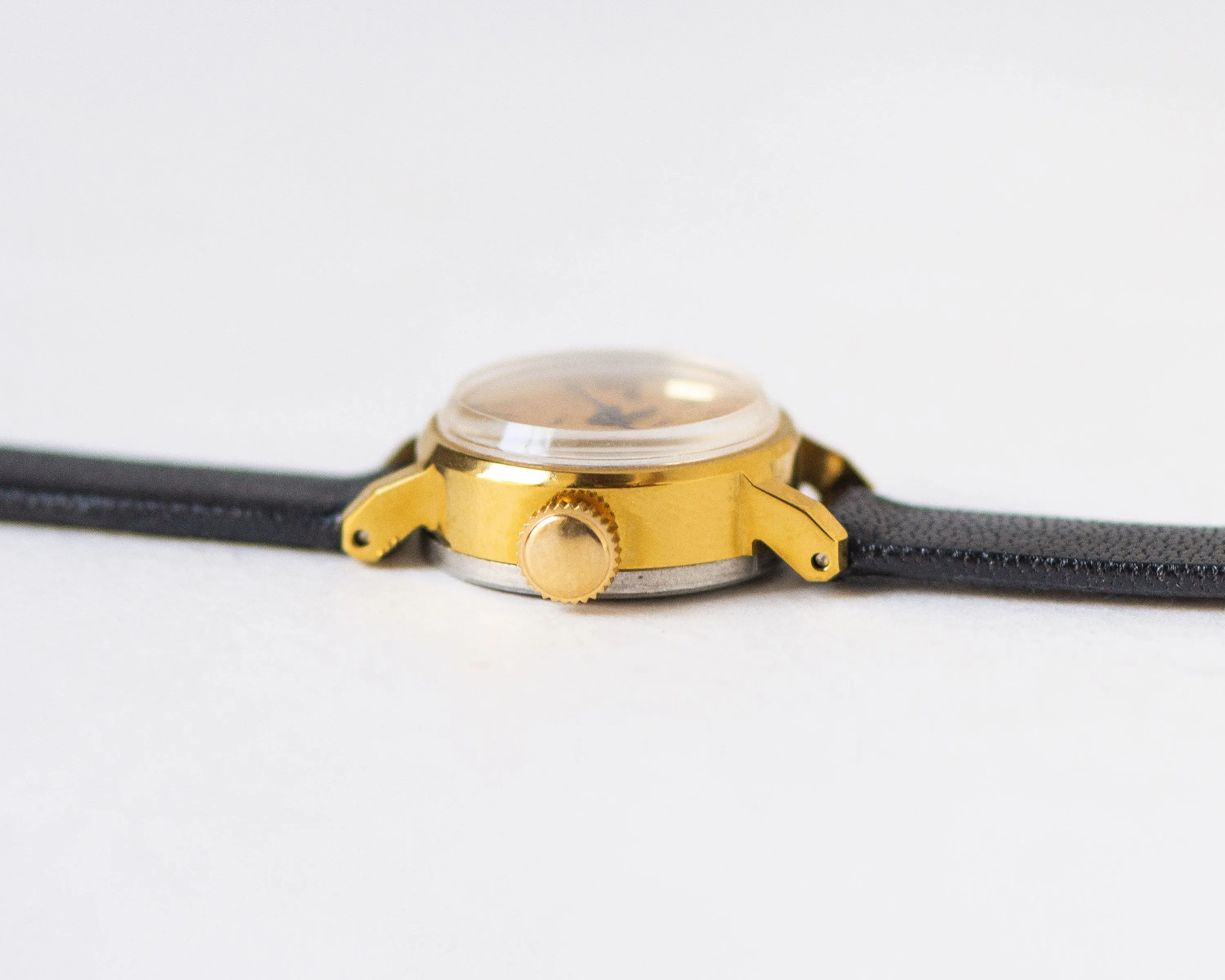 Wristwatch for woman Dawn yellow dial, vintage micro watch women gold shade classic jewelry gift, delicate watch, new premium leather strap